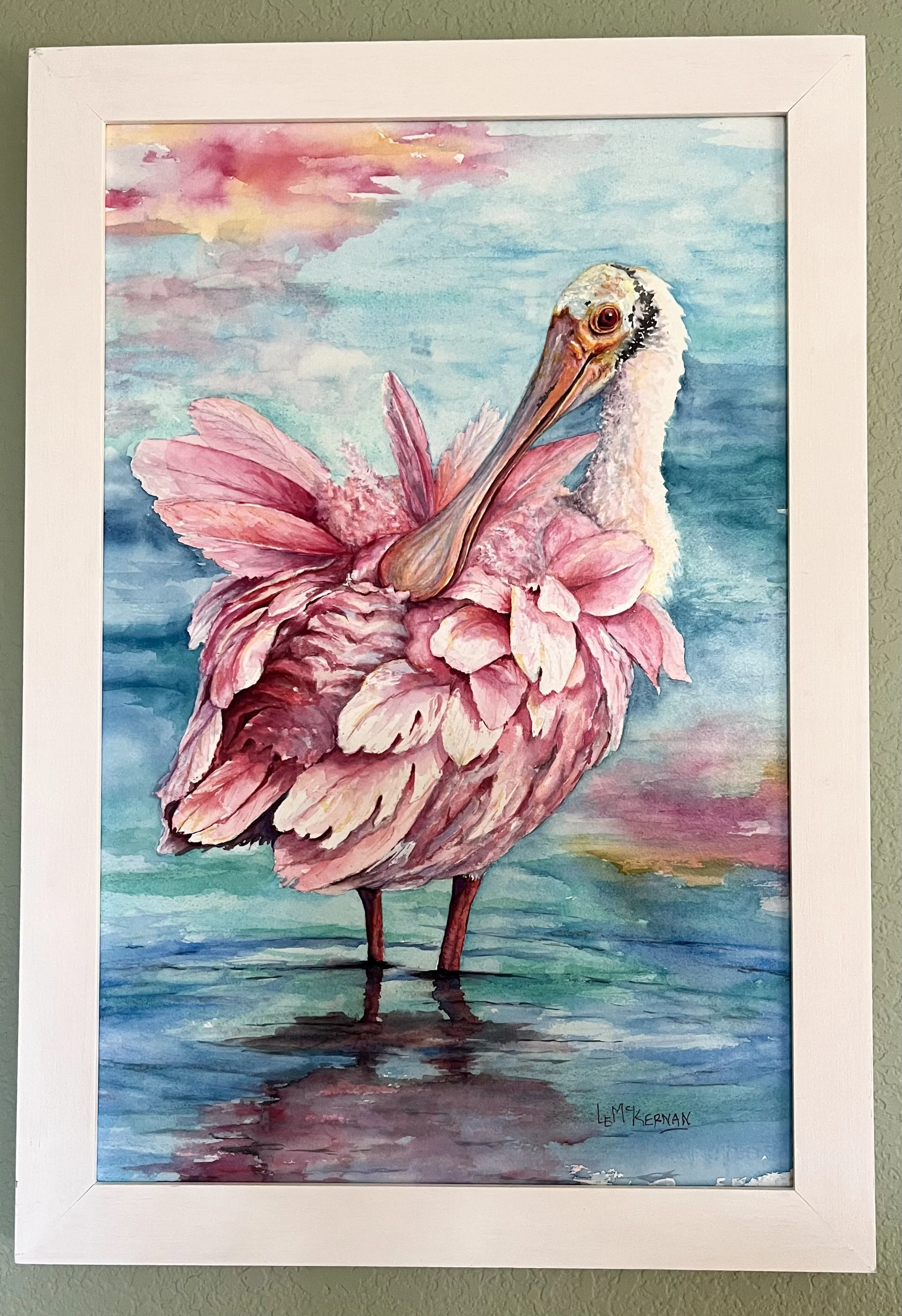 Spoonbill Preening 
Waxed watercolor on paper 
Wood panel 
22x15