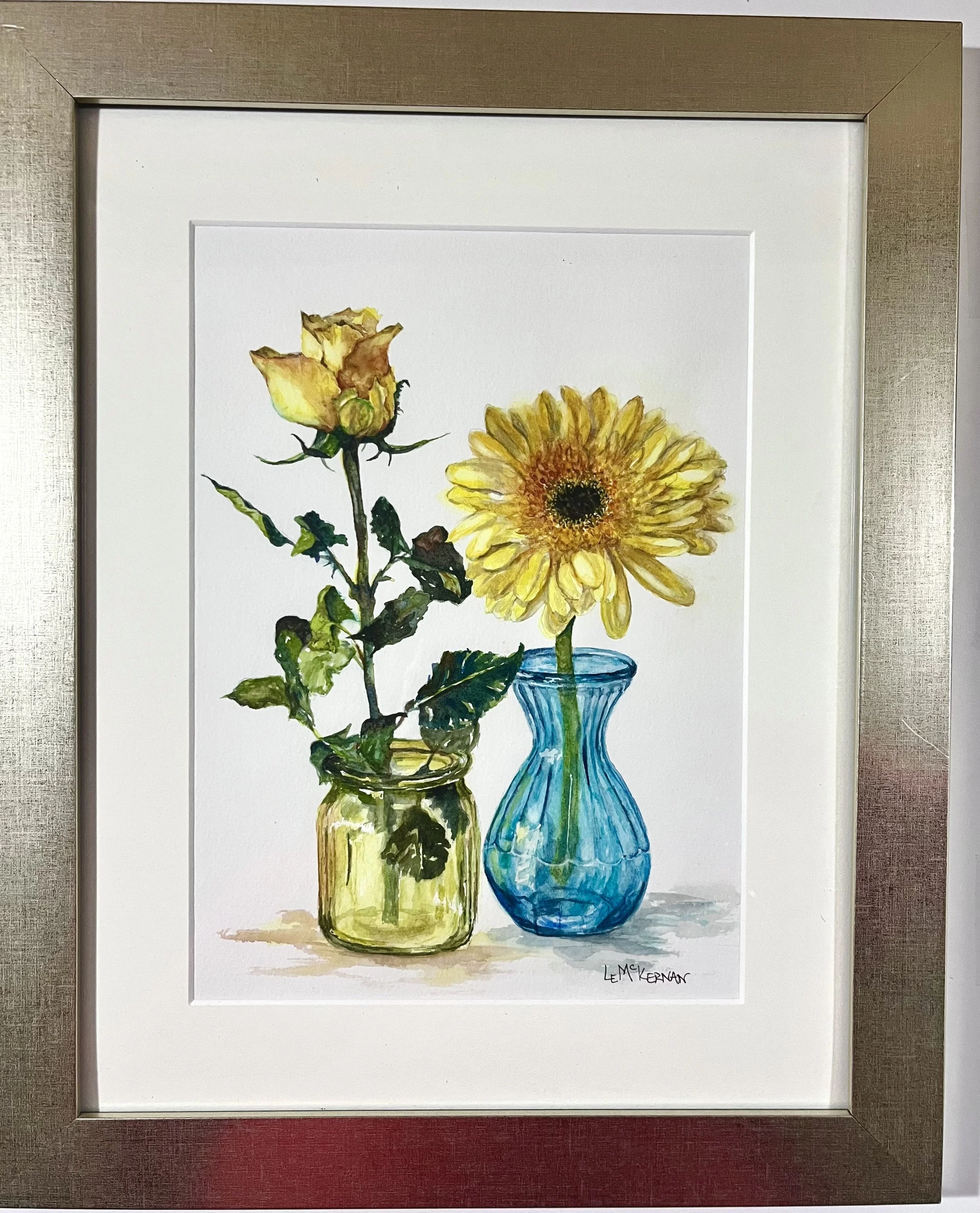 Flowers in Yellow & Teal Glass 
Watercolor on paper 
Mat/backer board 
11x8