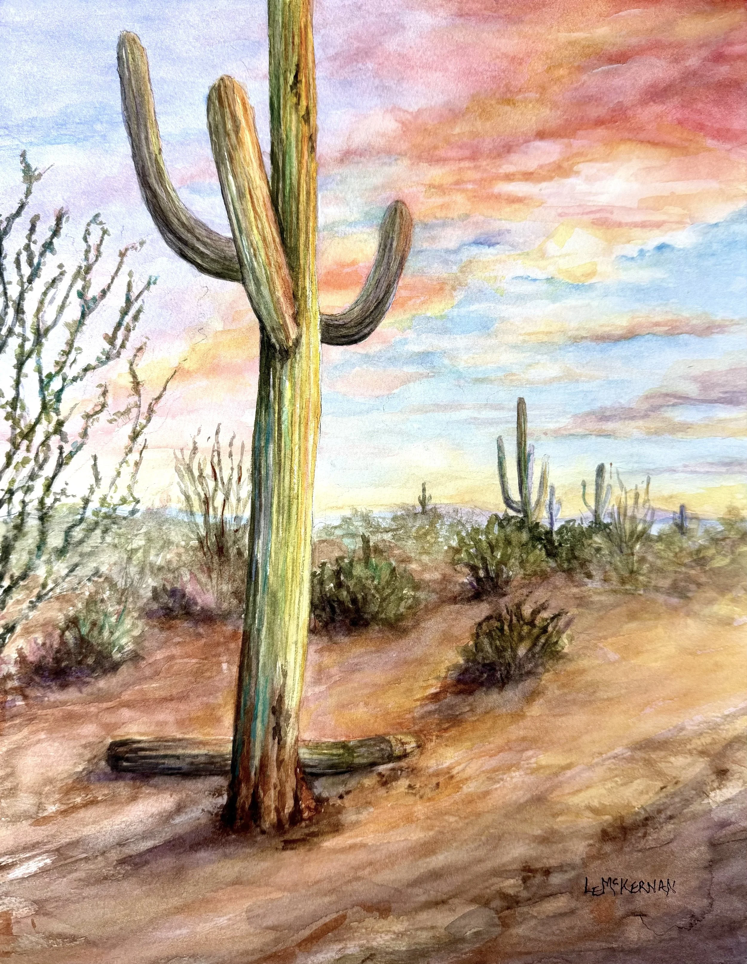 Saguaro Sunset
Waxed watercolor on paper
Framed wood panel, 14x11
$75