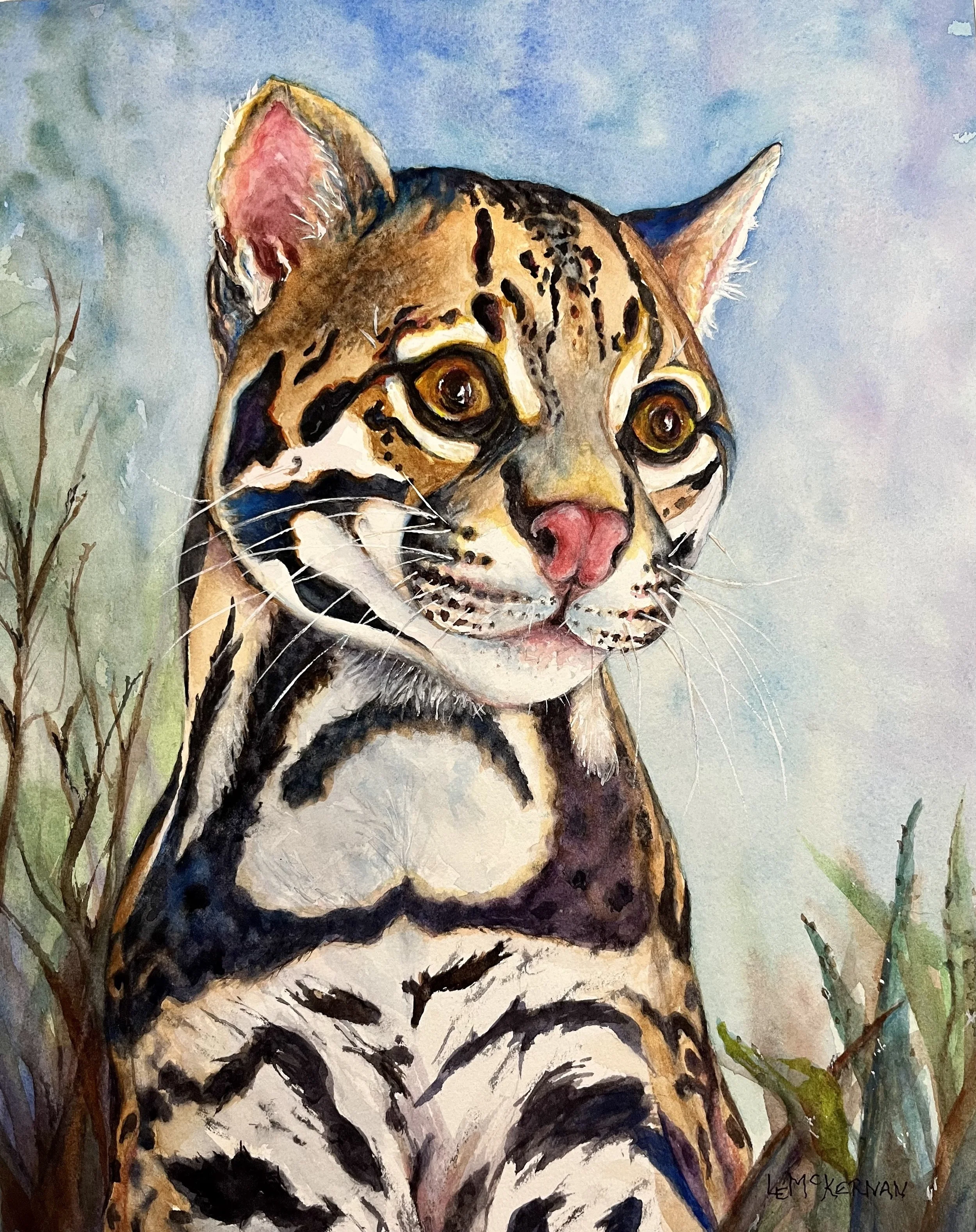 Ocelot on Alert 
Waxed watercolor on paper 
Cradle board 
14x11