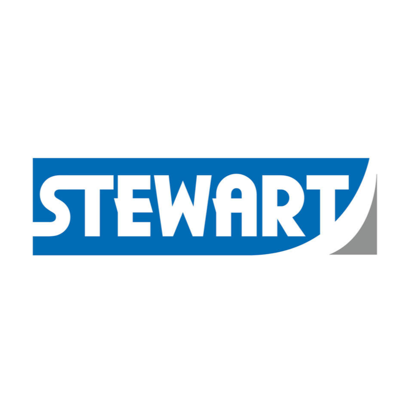 Stewart logo with bold blue and white text on a black background