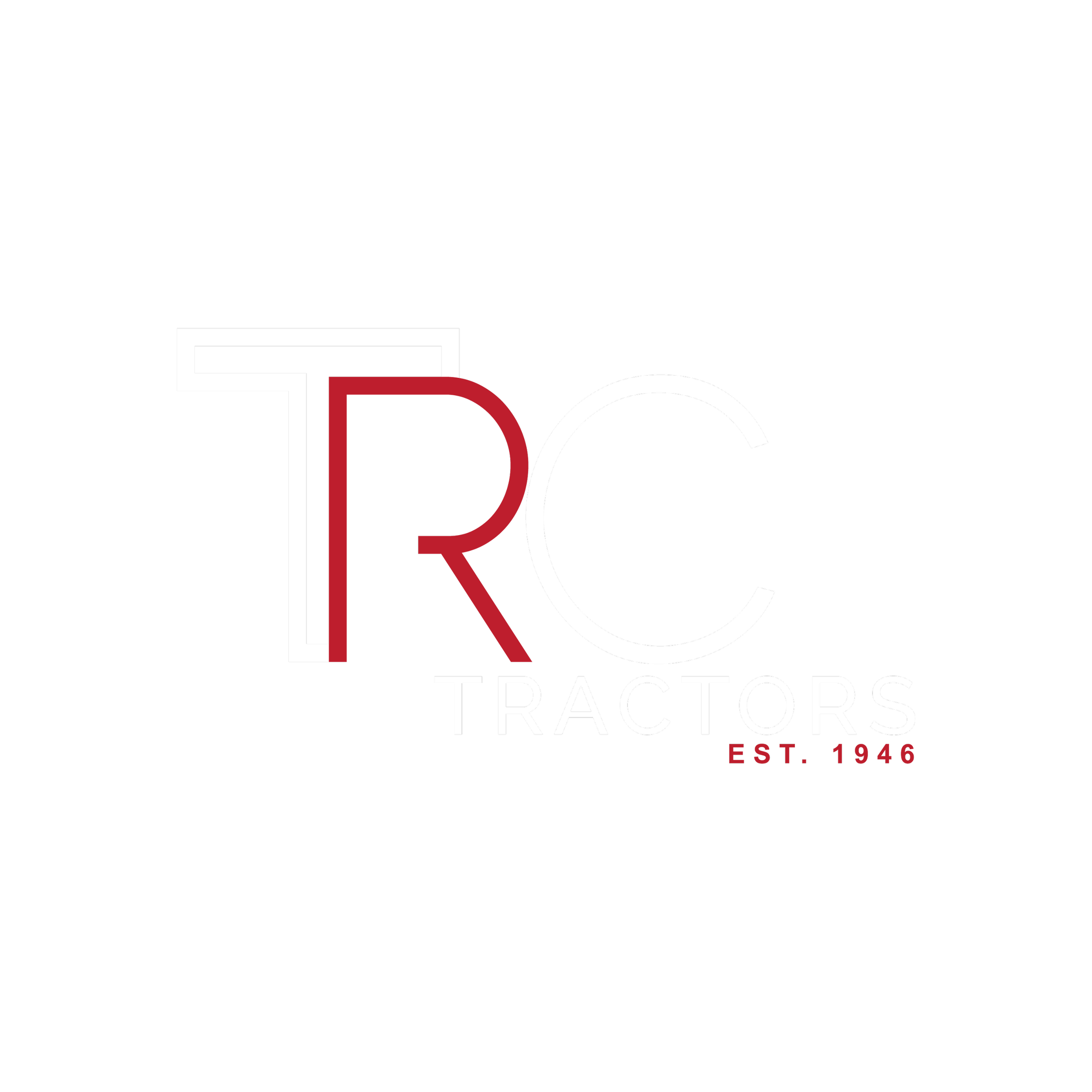Logo for TRAC tractors with black background, white and red text.