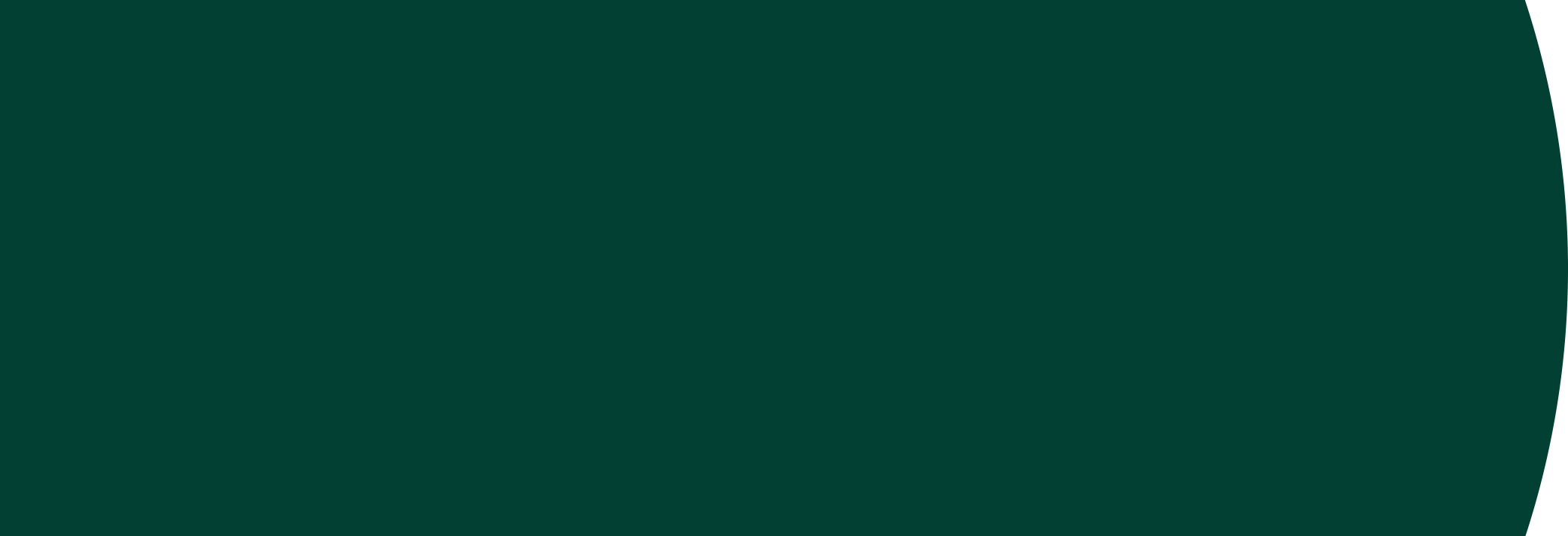 A dark green abstract graphic with a curved shape on the right side.