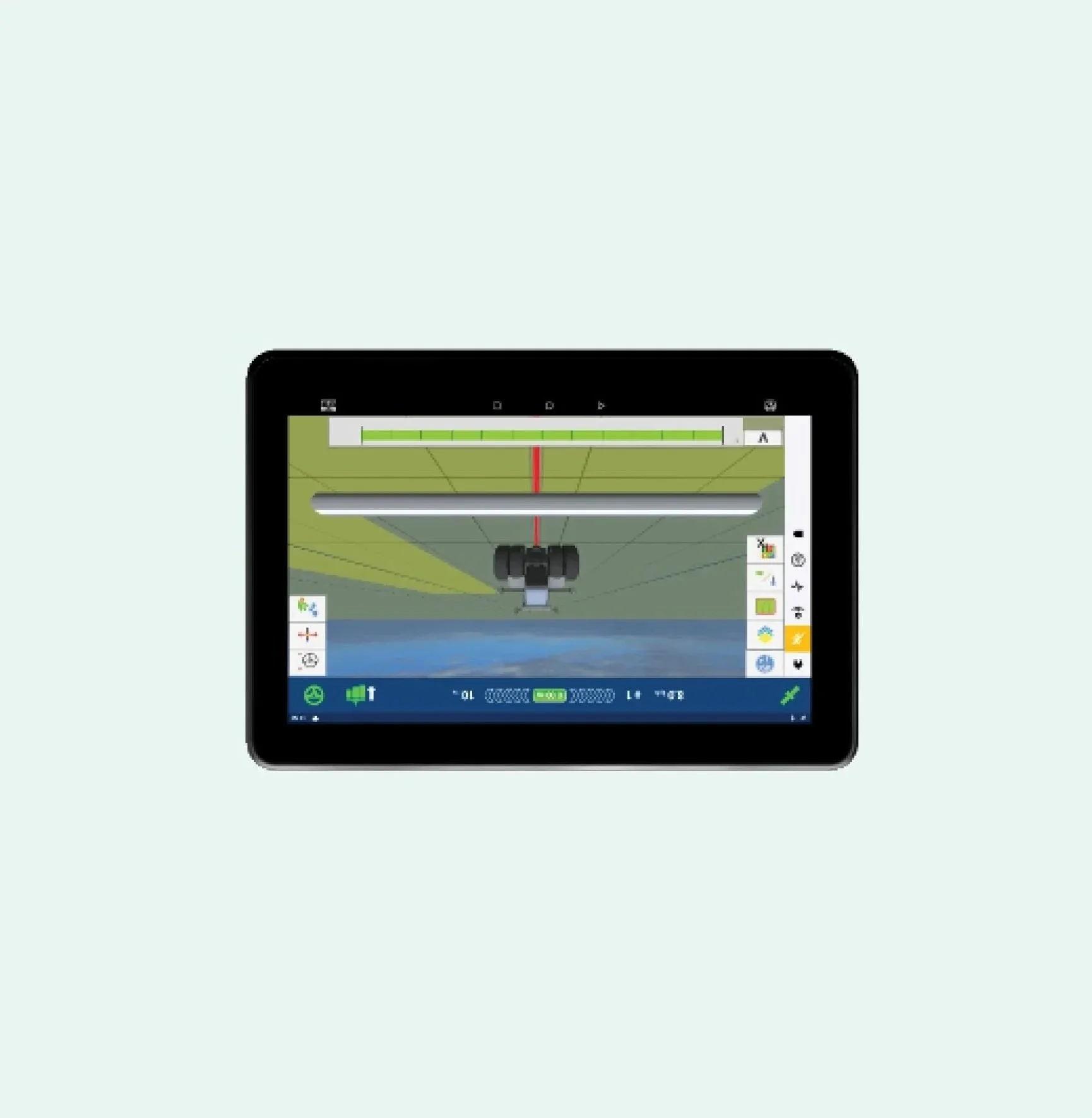 Close-up of a touchscreen device displaying a 3D modeling or measurement application with grid lines, measurement indicators, and a toolbar with various icons.
