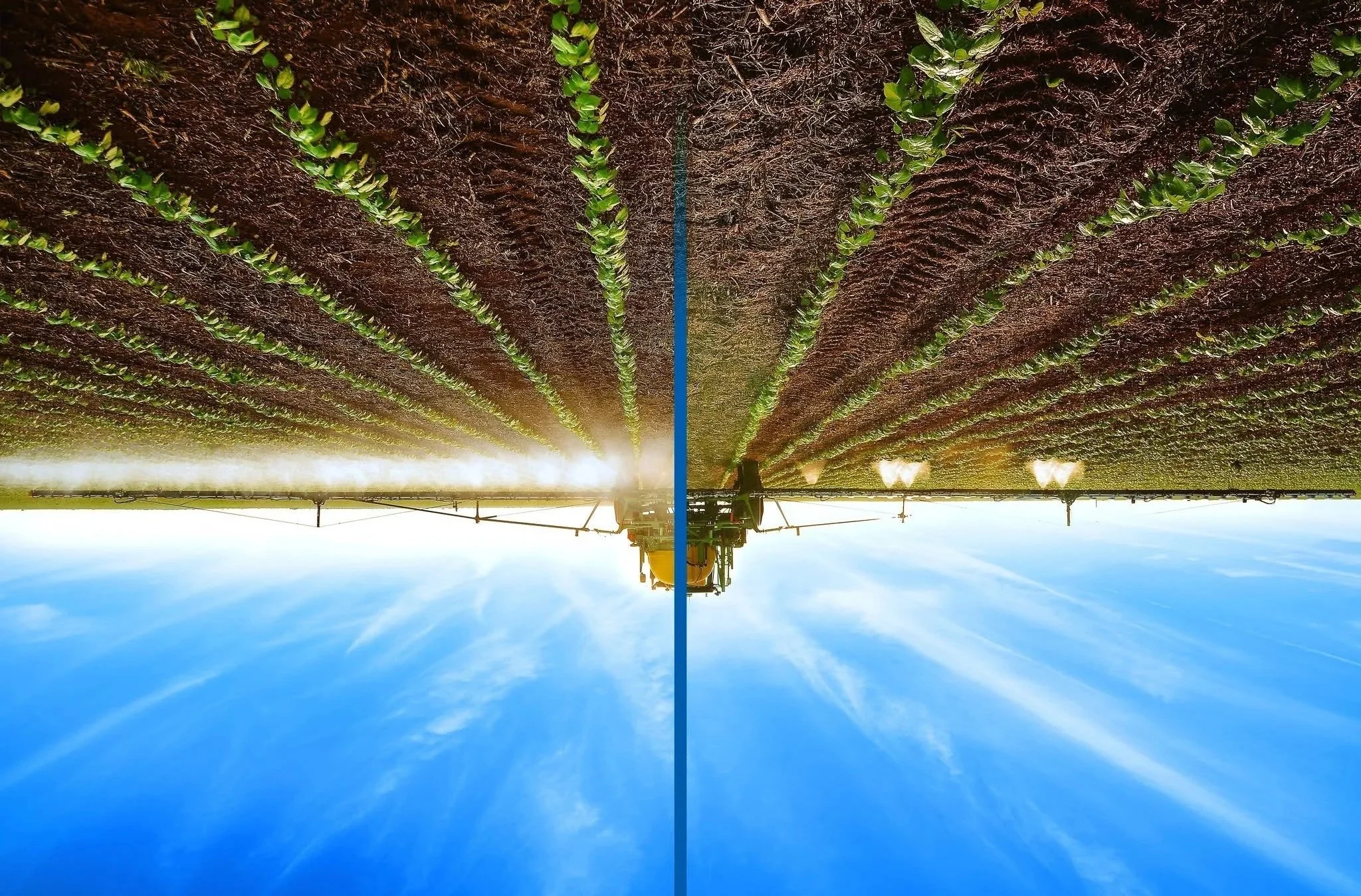 A tractor spraying crops in a field during the day, with bright blue sky and white clouds.