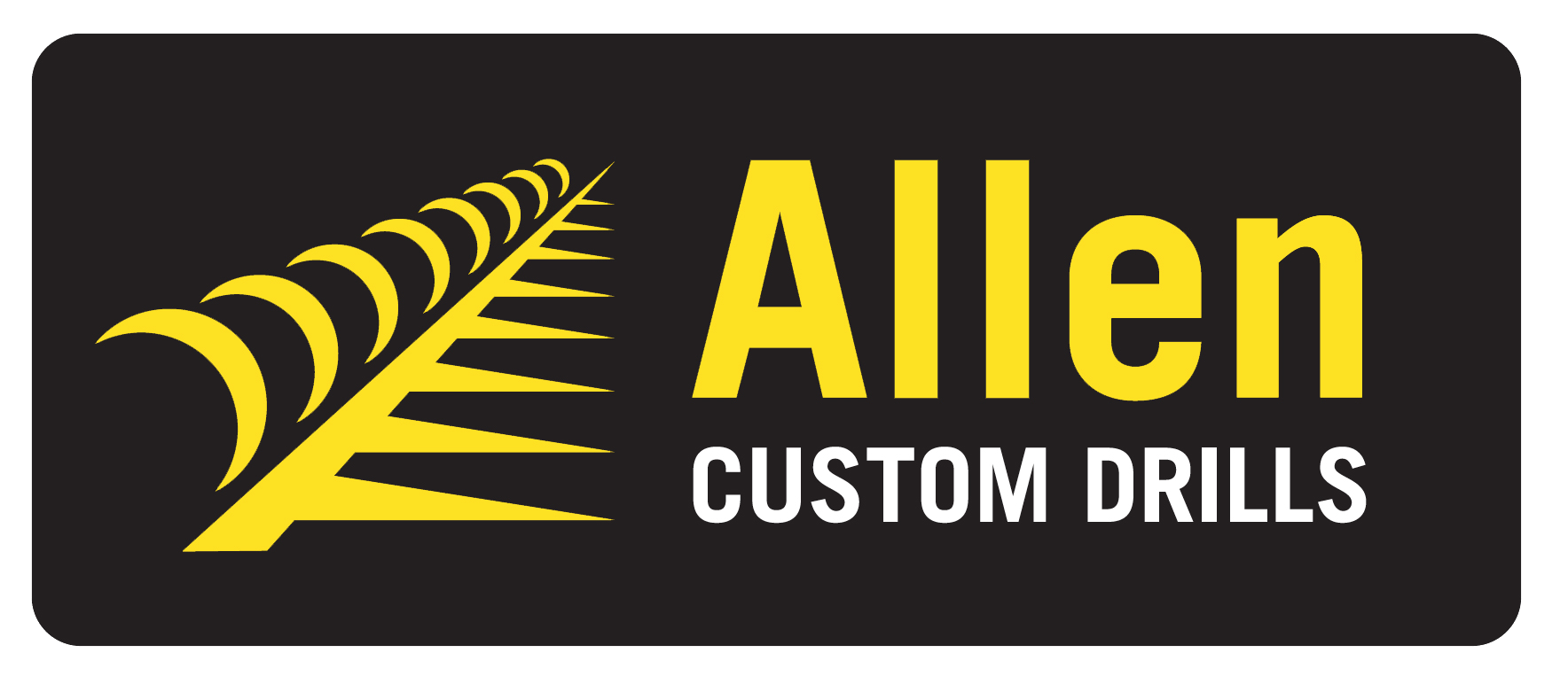 Logo for Allen Custom Drills featuring a yellow and black design with a stylized drill bit on the left and the business name and slogan on the right.