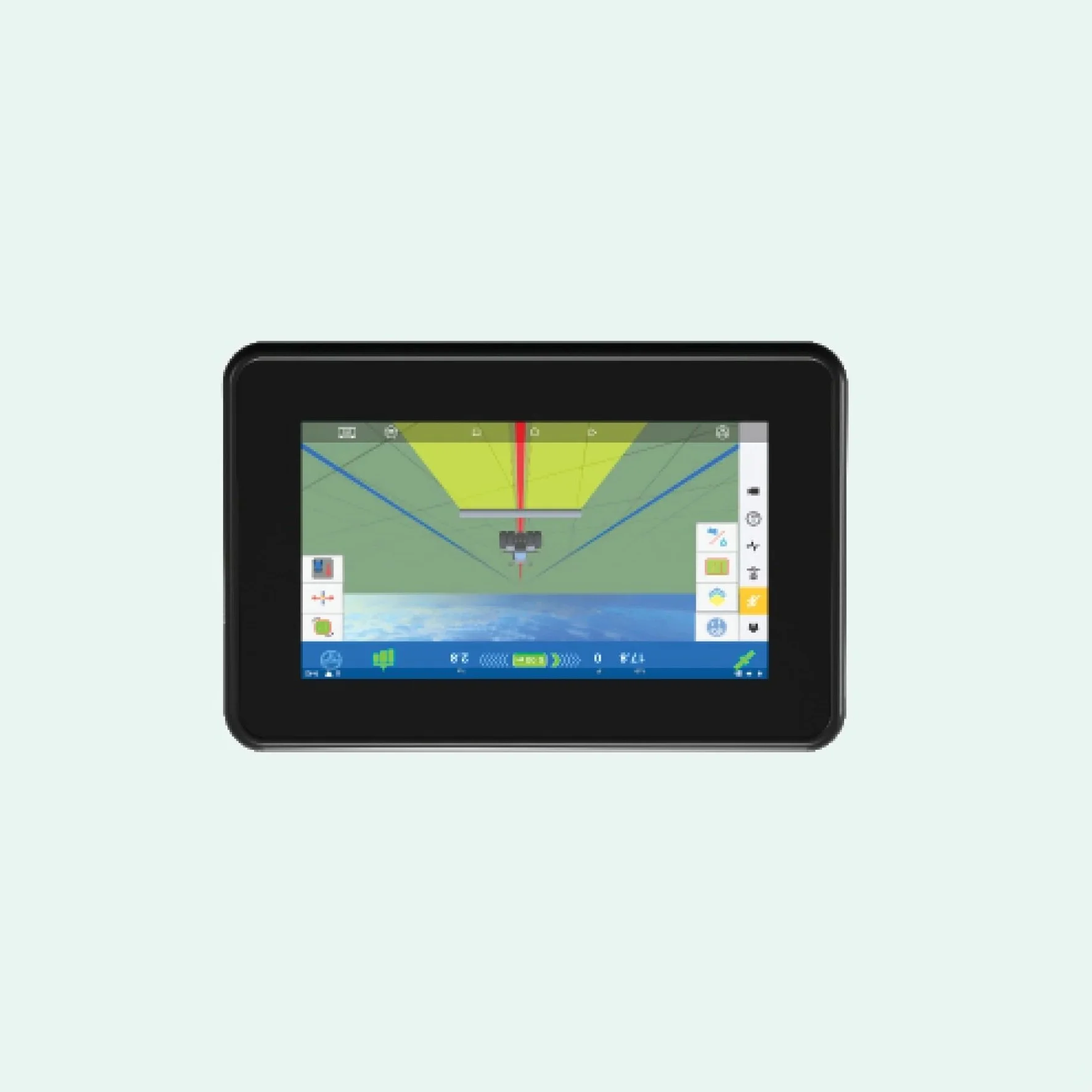 Close-up of a digital device screen showing a graph or mapping interface, with various icons and controls around the display.