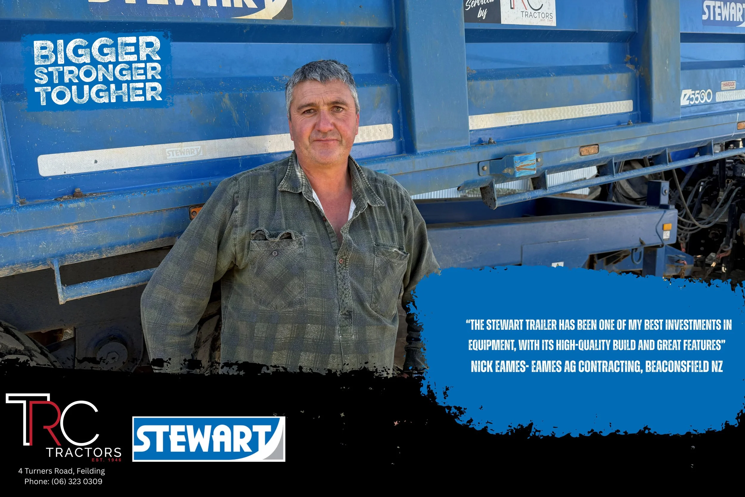 A man standing in front of a blue Stewart trailer with text overlay praising its quality. The man has short, dark hair and wears a checked shirt. There are various company logos and advertisements in the background.