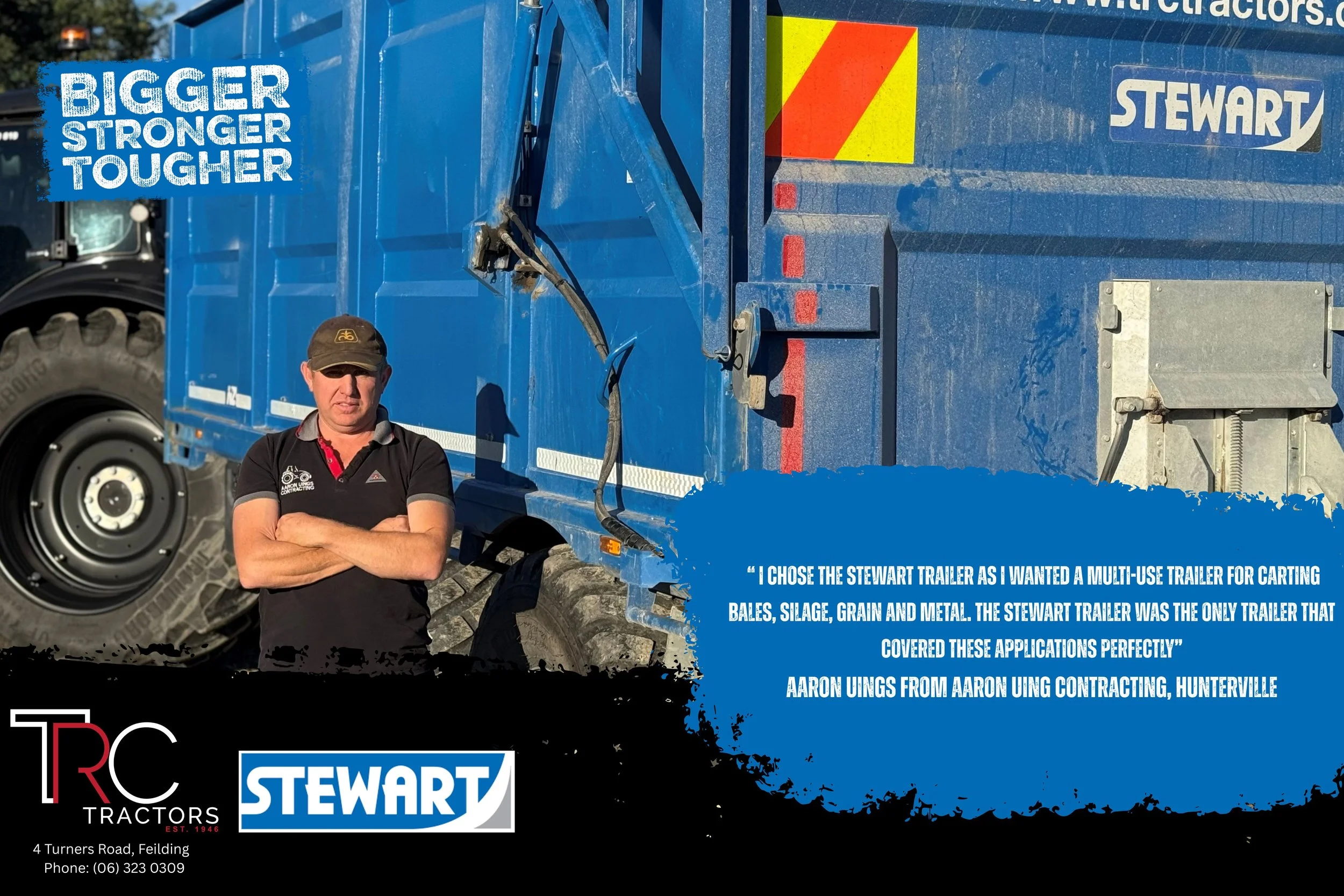 A man wearing a black cap and black shirt stands in front of a large blue Stewart trailer with red and yellow reflective markings. There are various company logos and a quote about trailer applications and contracting. The background includes parts o