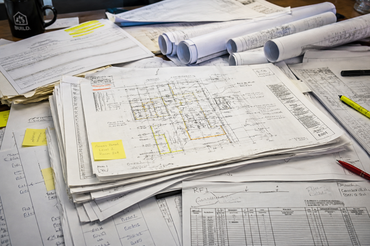 Messy stack of construction plans, blueprints, and marked-up schematics
