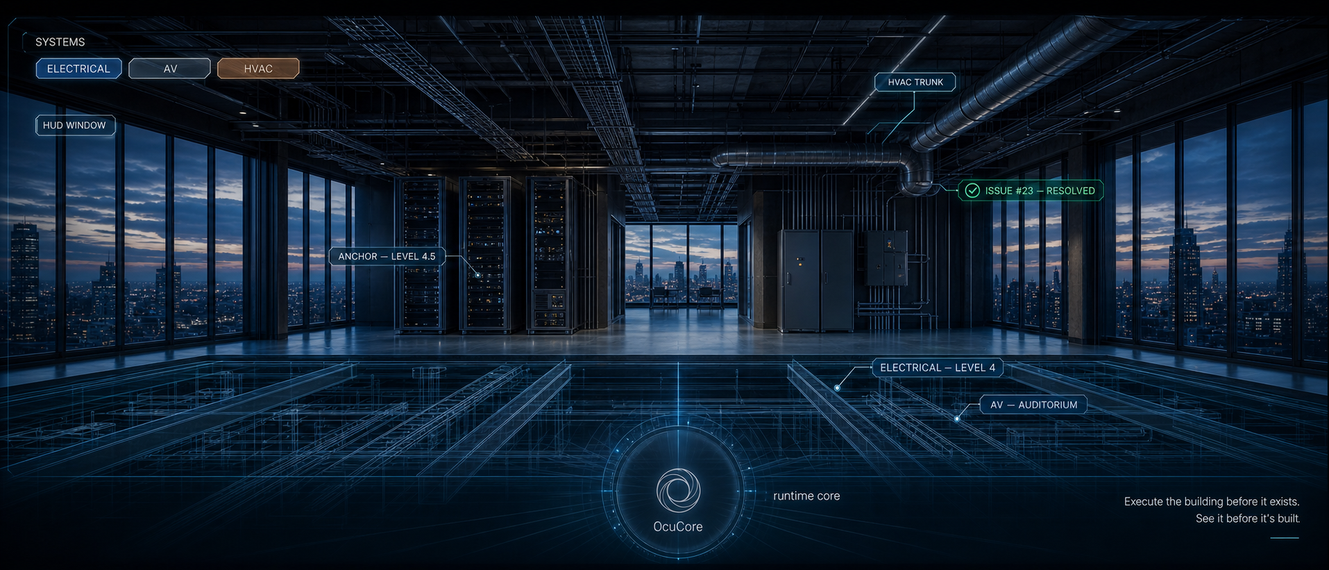OcuBuild Inspired highrise data center overlayed with OcuCore Runtime Engine