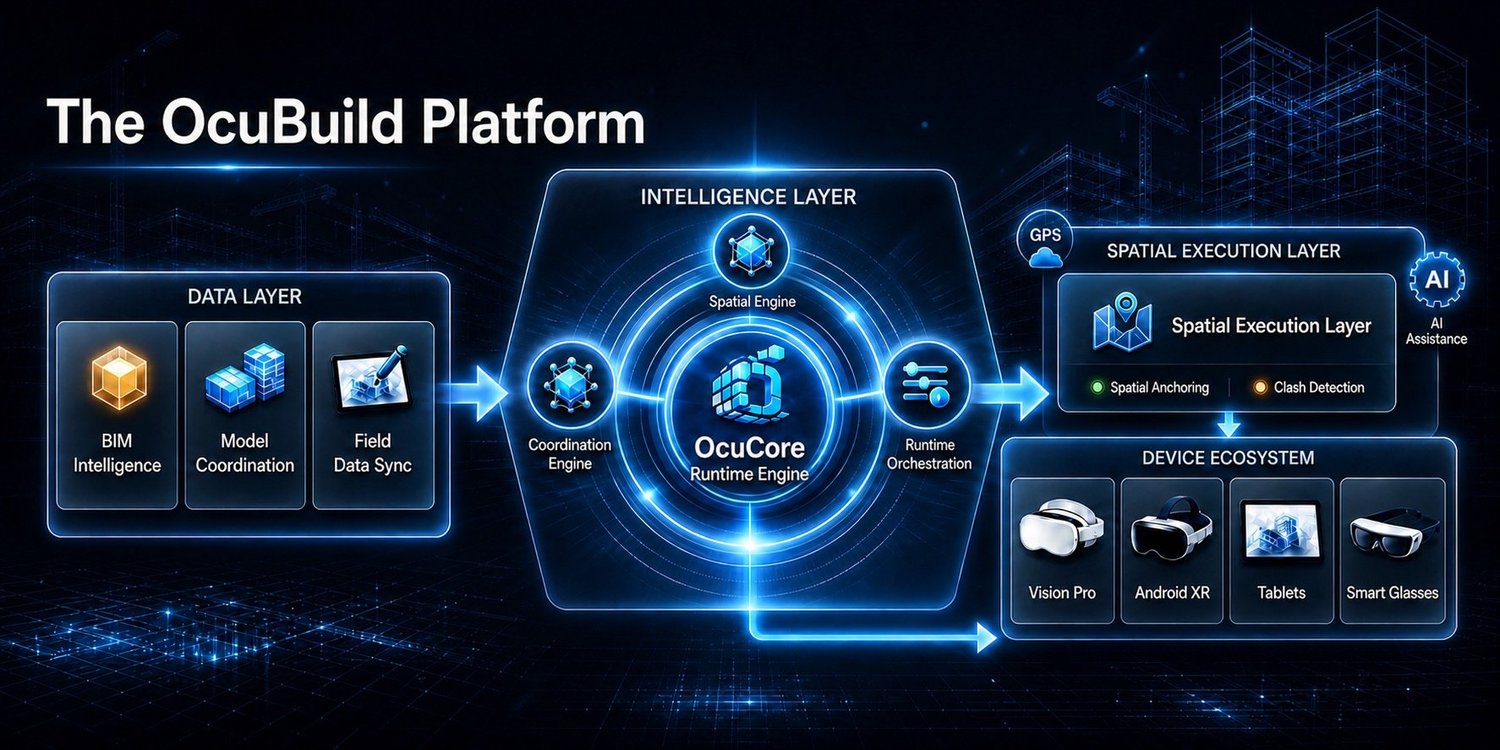 OcuBuild platform architecture diagram showing data layer, intelligence layer, OcuCore runtime engine, spatial execution layer, and device ecosystem.
