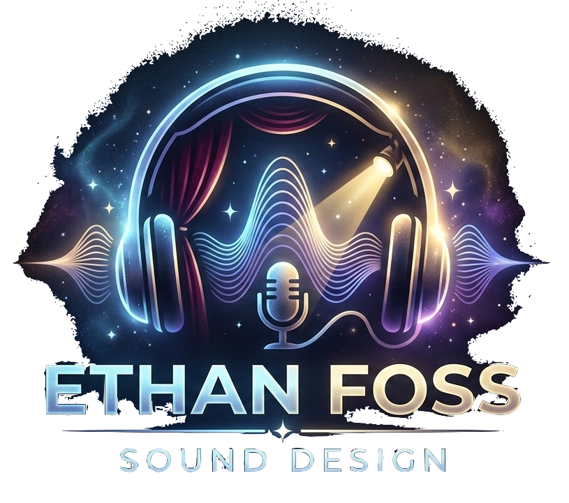 A digital graphic design featuring headphones, a microphone, and sound waves against a cosmic background. Text reads "ETHAN FOSS SOUND DESIGN".