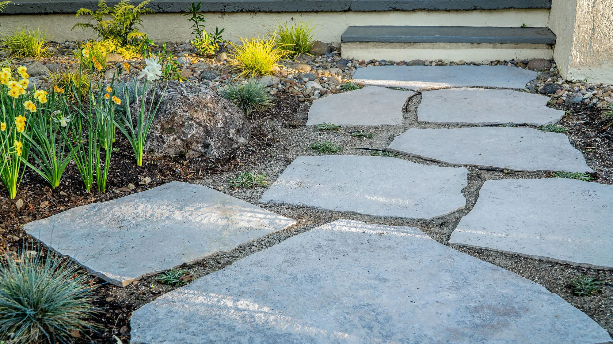 Stone pathway leading to a porch, surrounded by small plants and flowers.