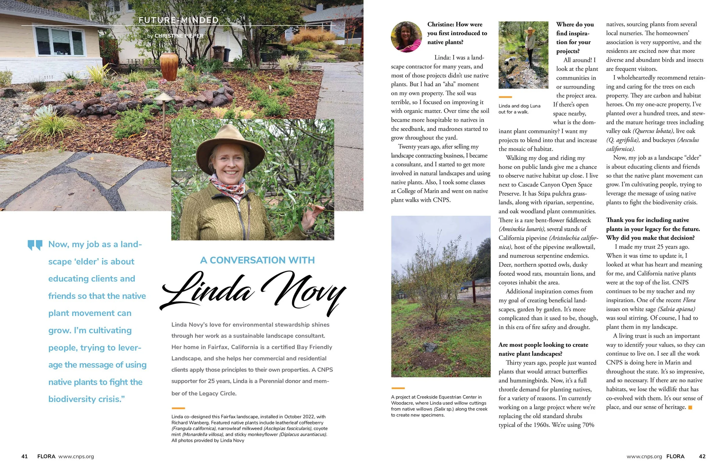Open magazine spread with an article titled 'Future-Minded' by Christine Pieper. The spread includes multiple photographs: a landscaped yard with rocks, plants, and a lamp; a woman smiling outdoors wearing a hat, and a person walking with a dog in a garden, along with text discussing native plants and landscape design.