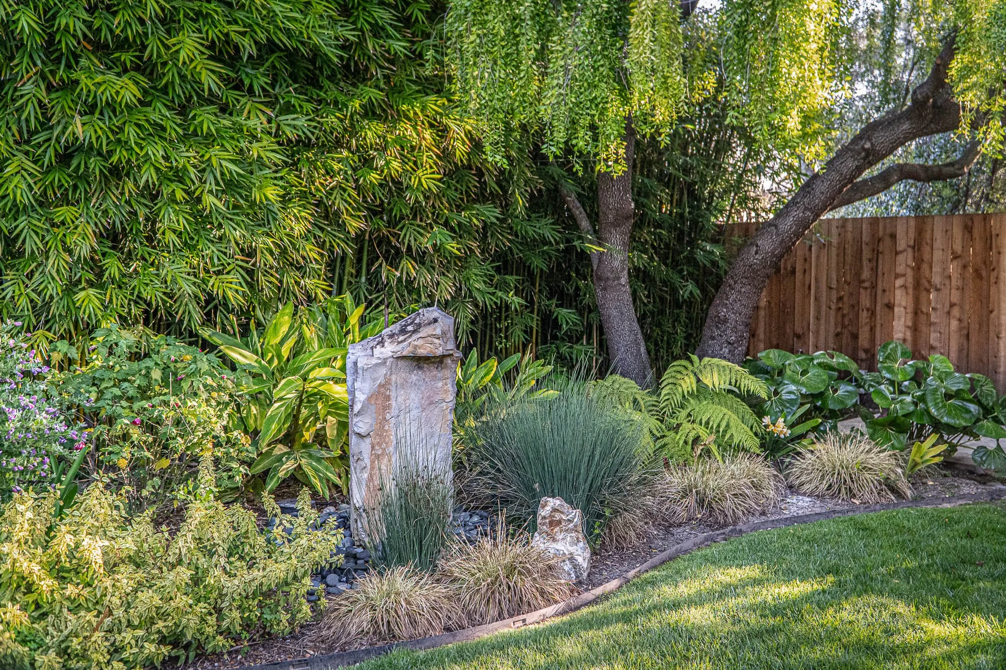 A lush garden with various green plants, trees, and shrubs, bordered by a wooden fence, and featuring a large rock or stone centerpiece.