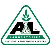 Logo with the text "A&T Laboratories" and icons of a plant and laboratory imagery, indicating agricultural, environmental, and industrial focus.