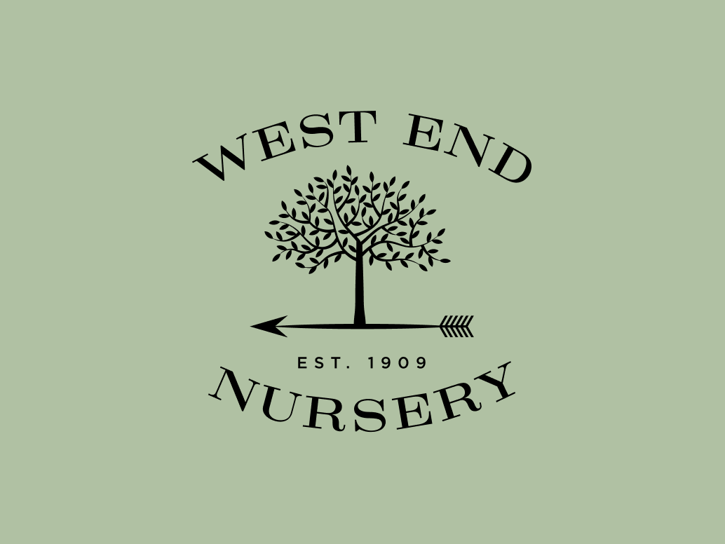 Logo for West End Nursery featuring a tree, an arrow pointing left, and the text 'West End Nursery' and 'Est. 1909'.