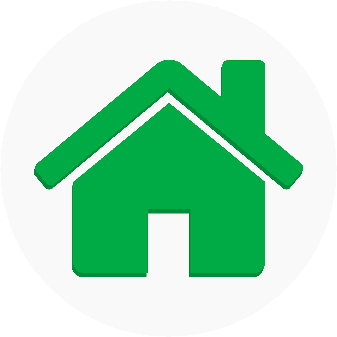 Green house icon with a roof, chimney, and door inside a white circle, on a black background.