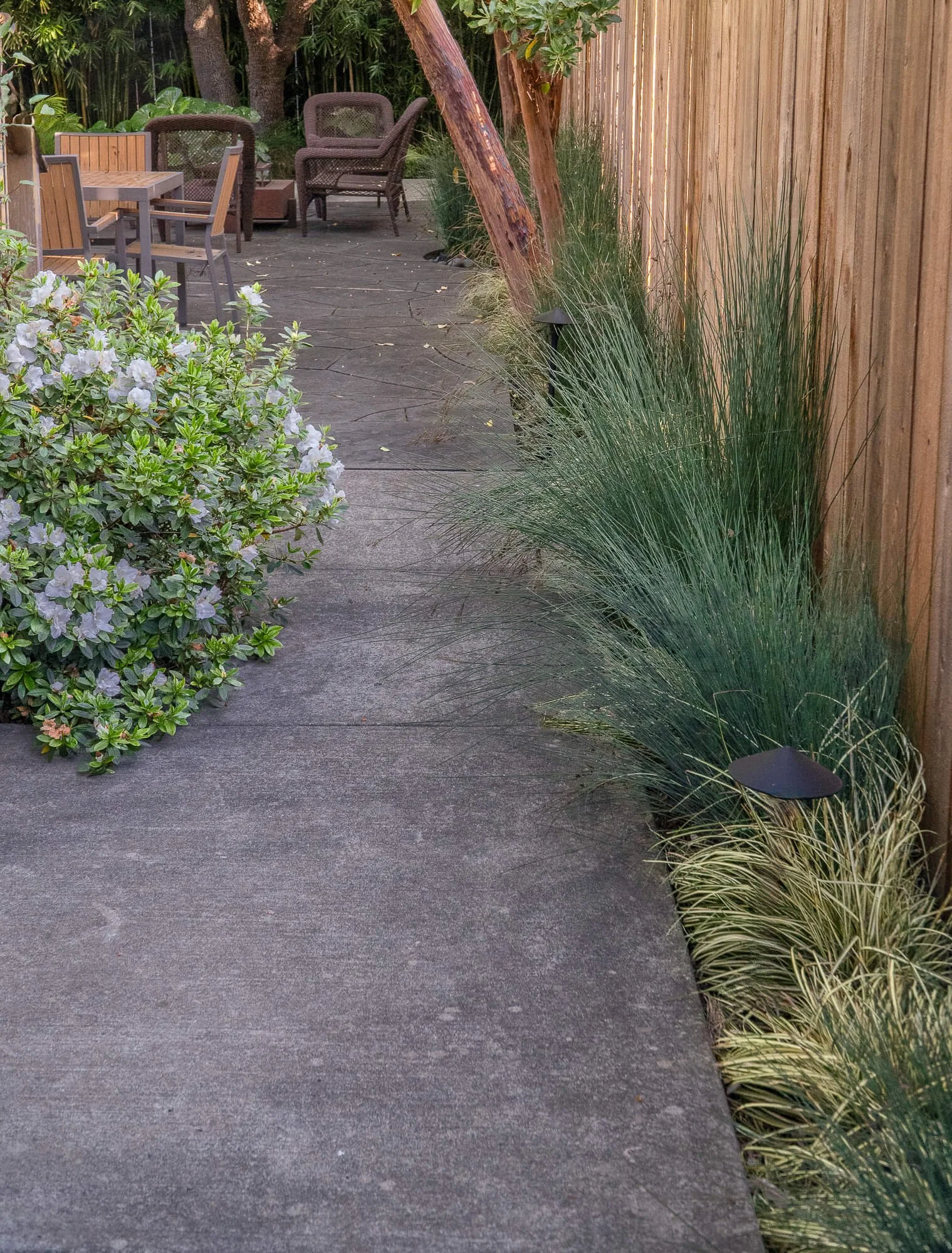A backyard patio with outdoor furniture, potted plants, surrounded by wooden fencing and landscaped greenery.