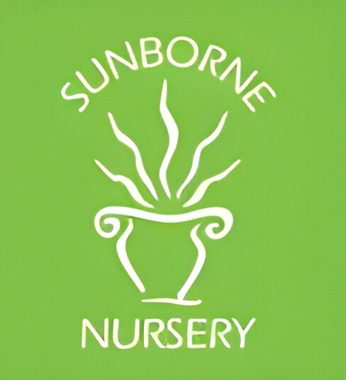 Logo for Sunborne Nursery featuring a stylized plant in a decorative pot on a green background.