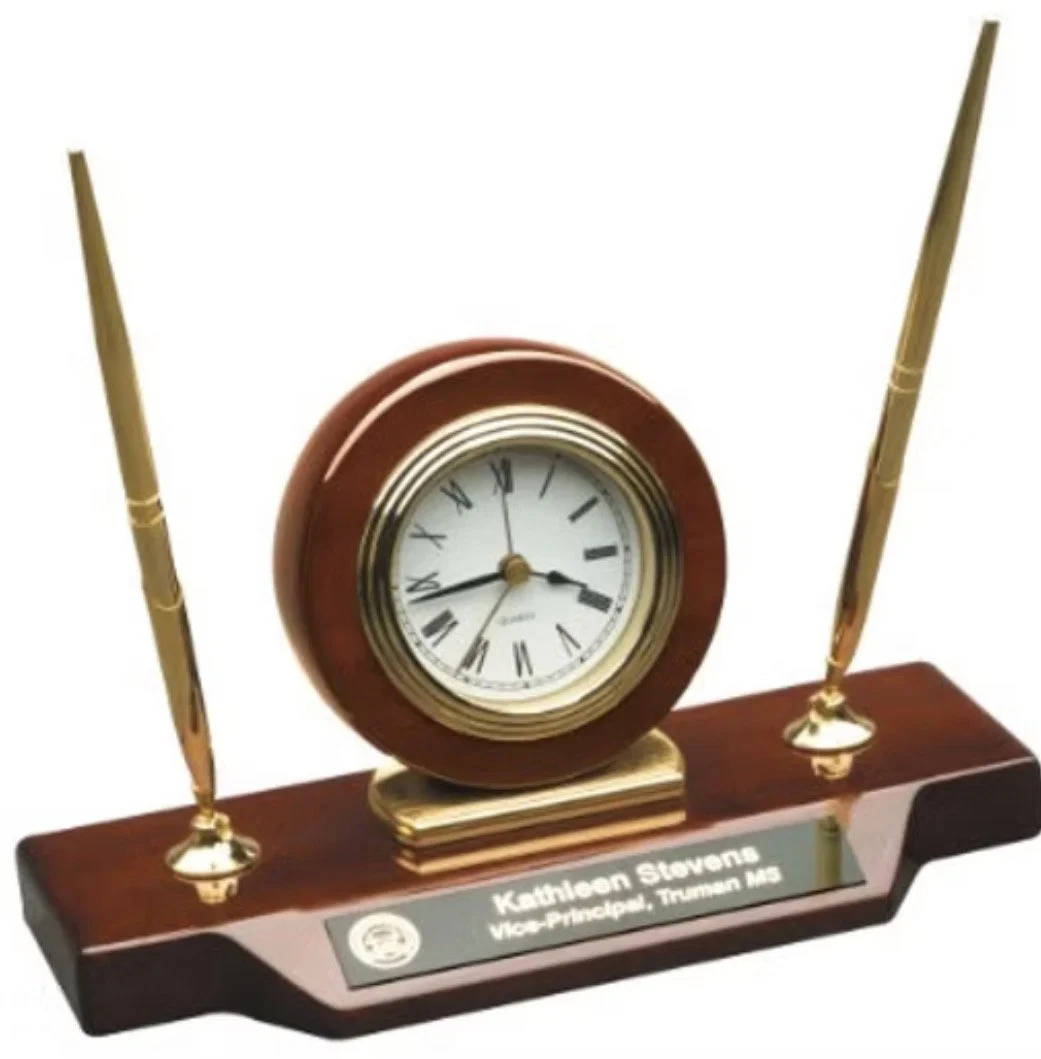 Piano Finish Desk Clock w/ Pens