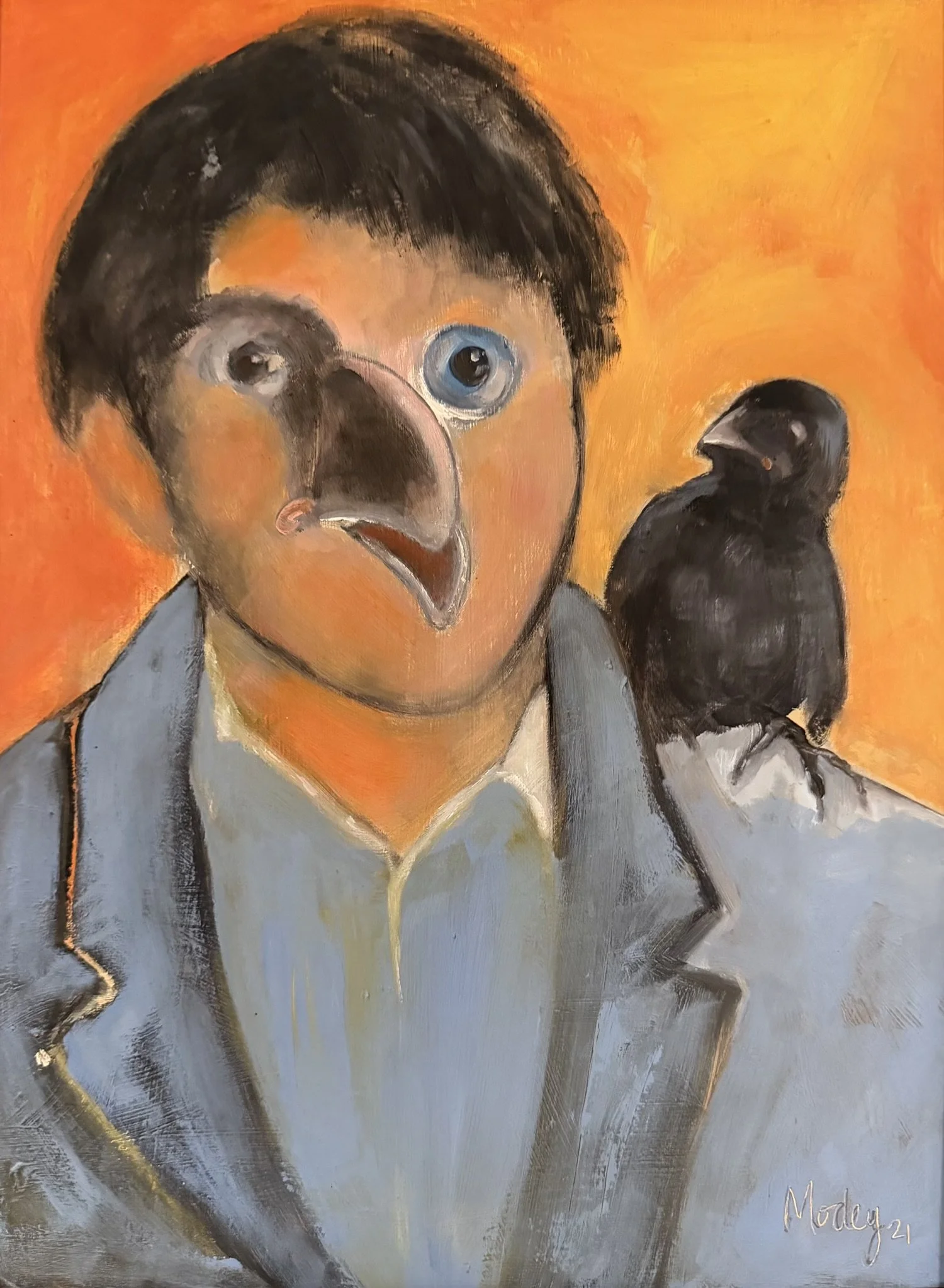 Crow Man, 13.75" x 18.5", Oil on panel, 2021