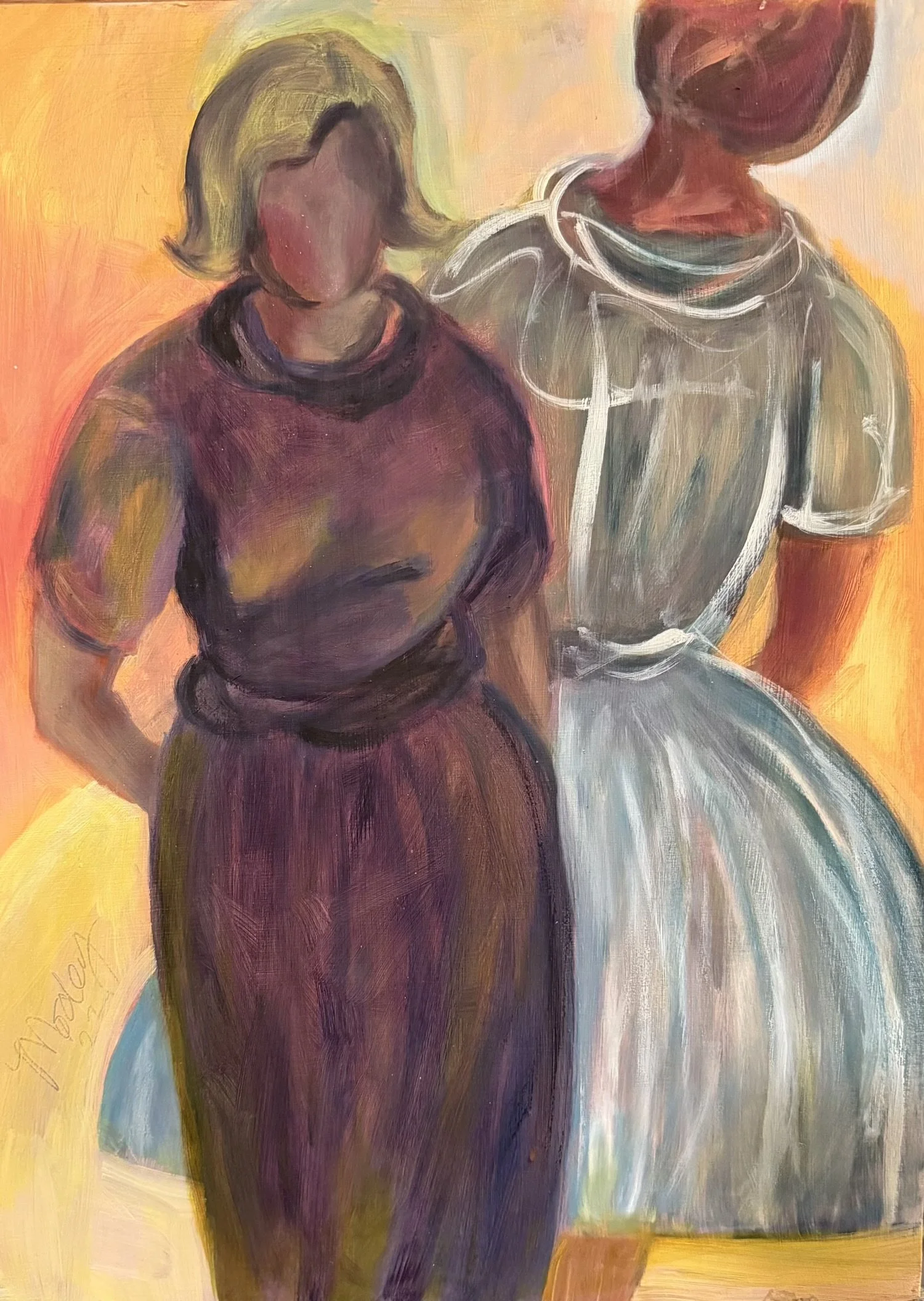 Two Women in Dresses, 16" x 12" Oil on panel, 2022