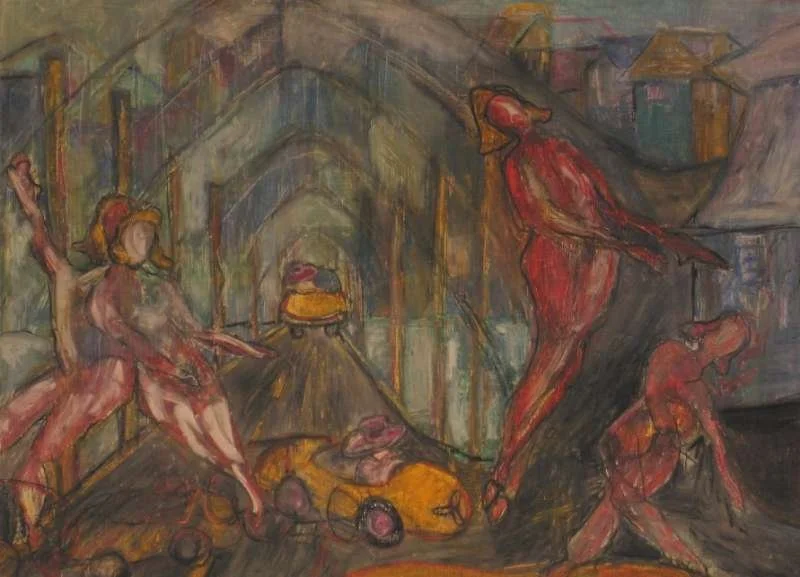 Dreaming of Cars and Bridges, 22.5" x 30", Oil pastel on paper, 2004