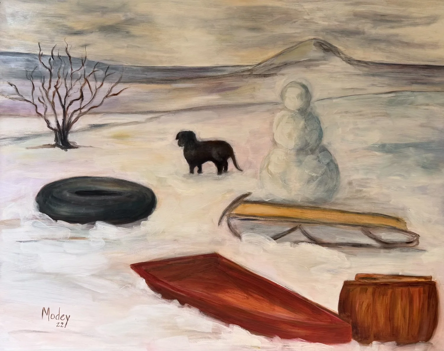 Snowman and Sleds, 23.5" x 29.25", Oil on panel, 2022