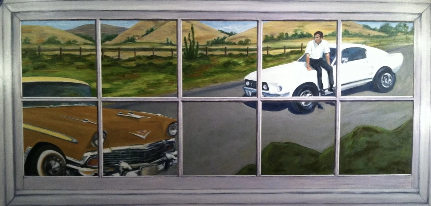 Chevy and Mustang in the Window, 32" x 56", Oil on panel, 2015