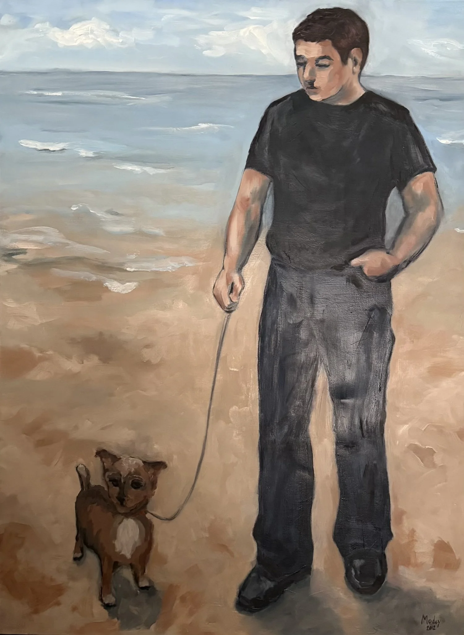 Boy with Dog on Lease at the Beach, 48" x 36", Oil on canvas, 2012
