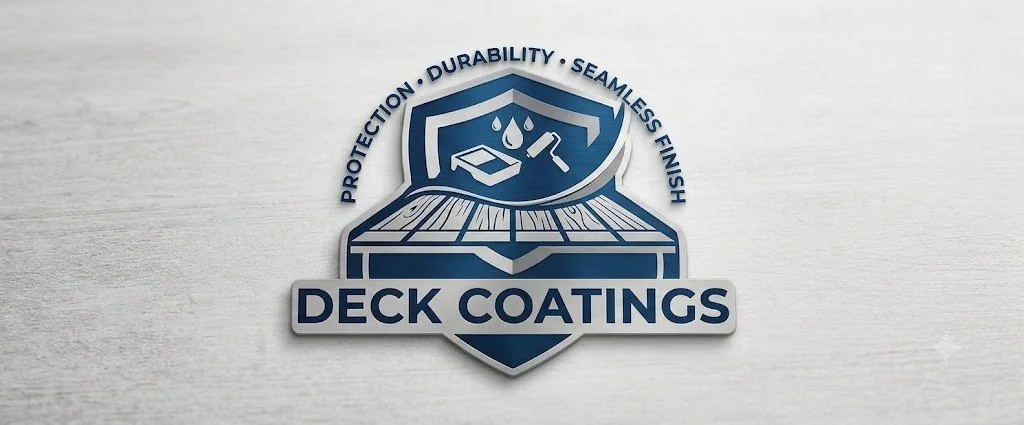 Metal badge with a shield logo and text promoting deck coatings, emphasizing protection, durability, seamless finish, and the words 'Deck Coatings' at the bottom.