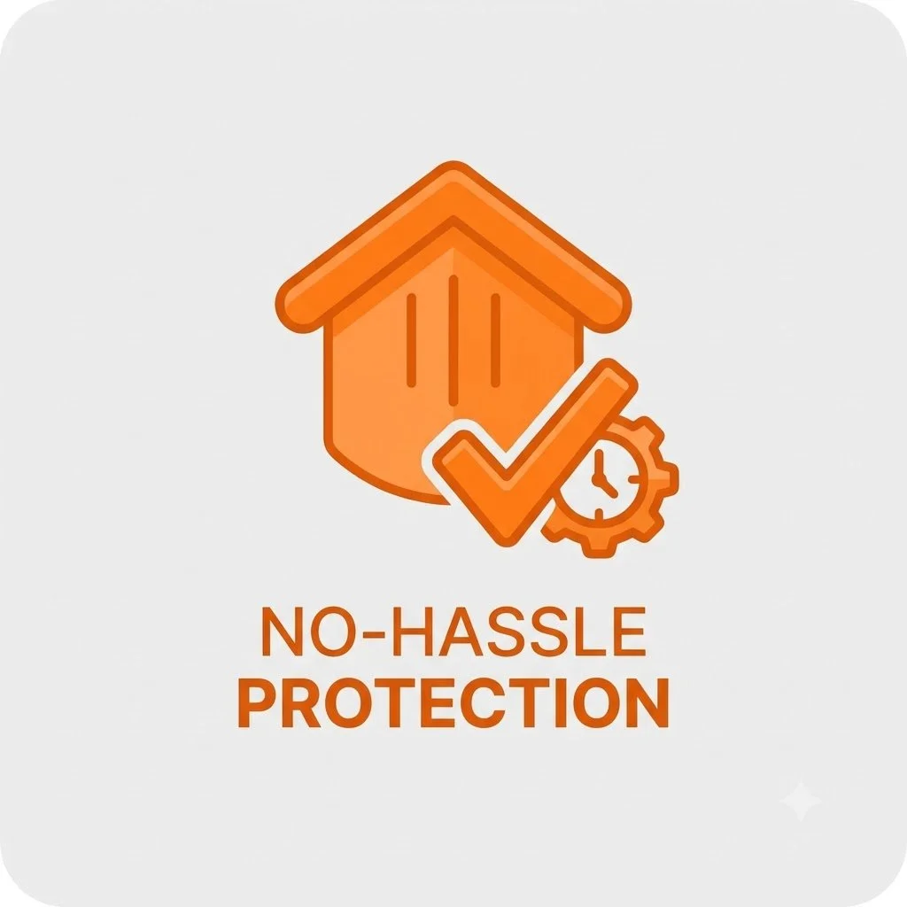 Icon of a house with a checkmark and a clock gear, with the text 'No-Hassle Protection' below.