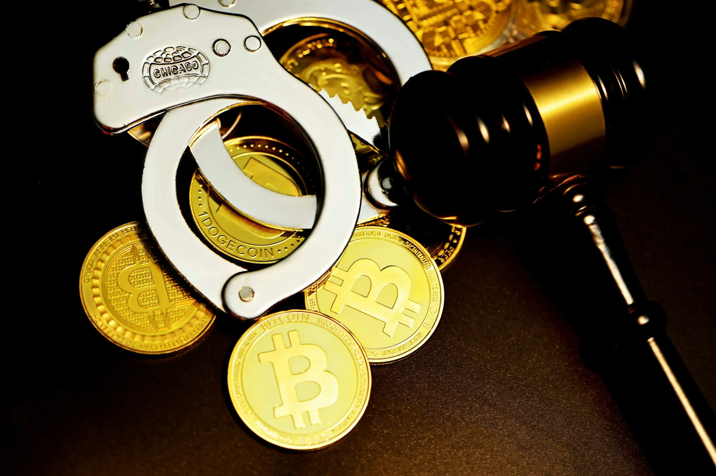 Close-up of gold-colored Bitcoin coins, a silver coin holder, and a black and gold vape pen on a dark background.