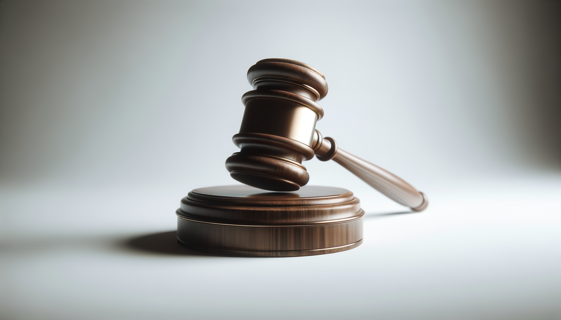 A wooden gavel resting on a sound block, placed on a surface, with a neutral background.