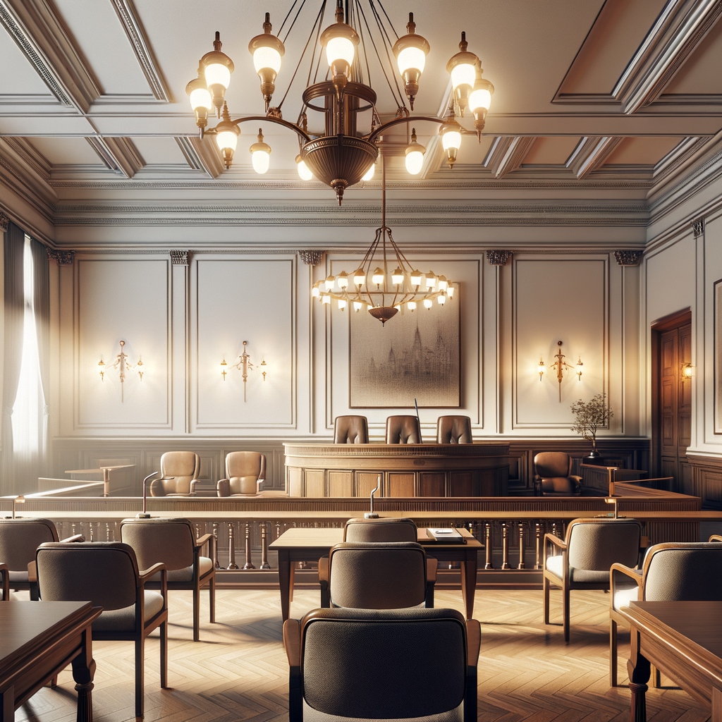 Empty courtroom with wooden furniture, a judge's bench, chairs, and chandeliers, lit by natural light from windows.