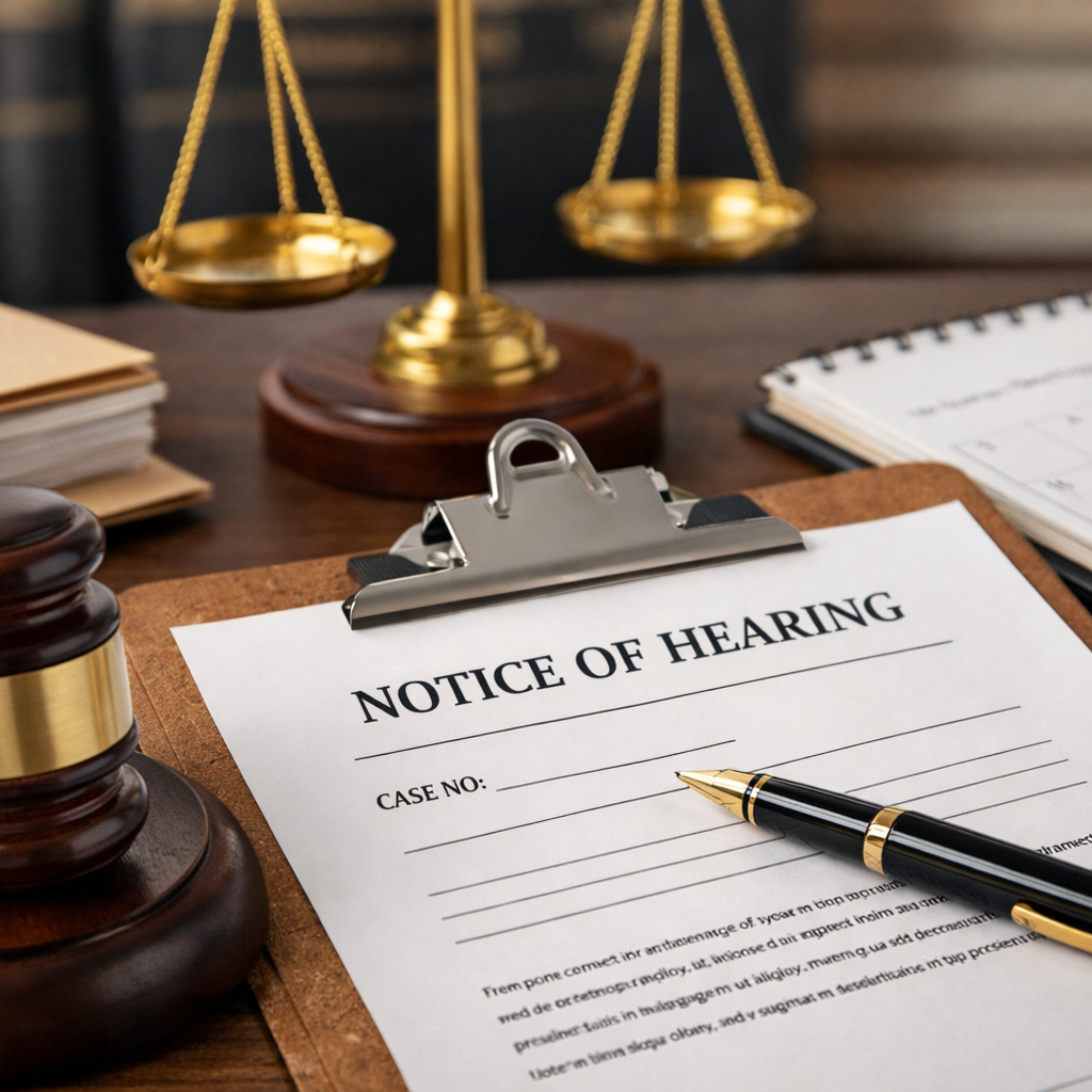 A legal office desk with a notice of hearing on a clipboard, a pen, a gavel, a scale of justice, stacks of files, and a calendar.