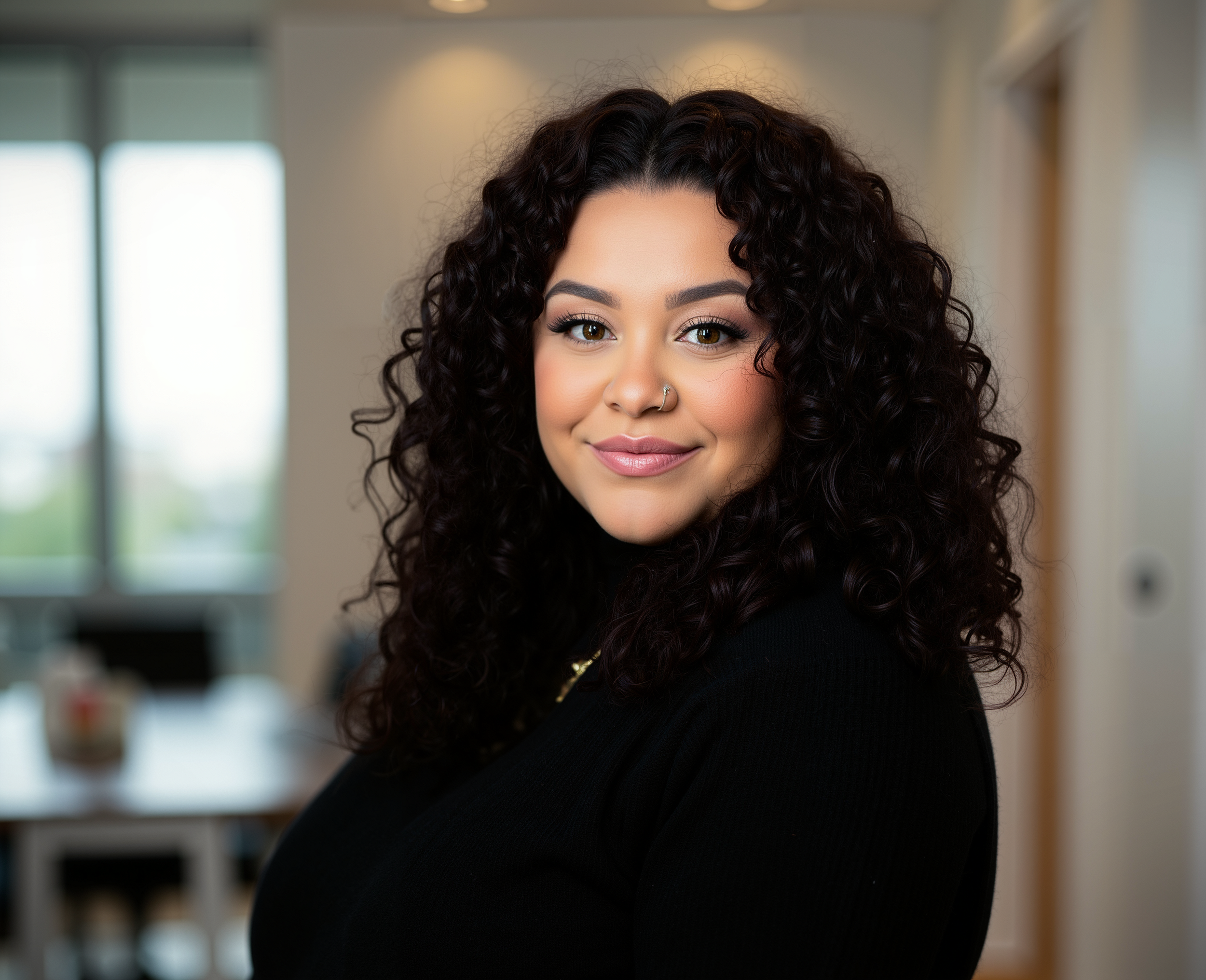 Young woman with curly dark hair, wearing a black top, smiling in an indoor setting with windows and blurred furnishings in the background.