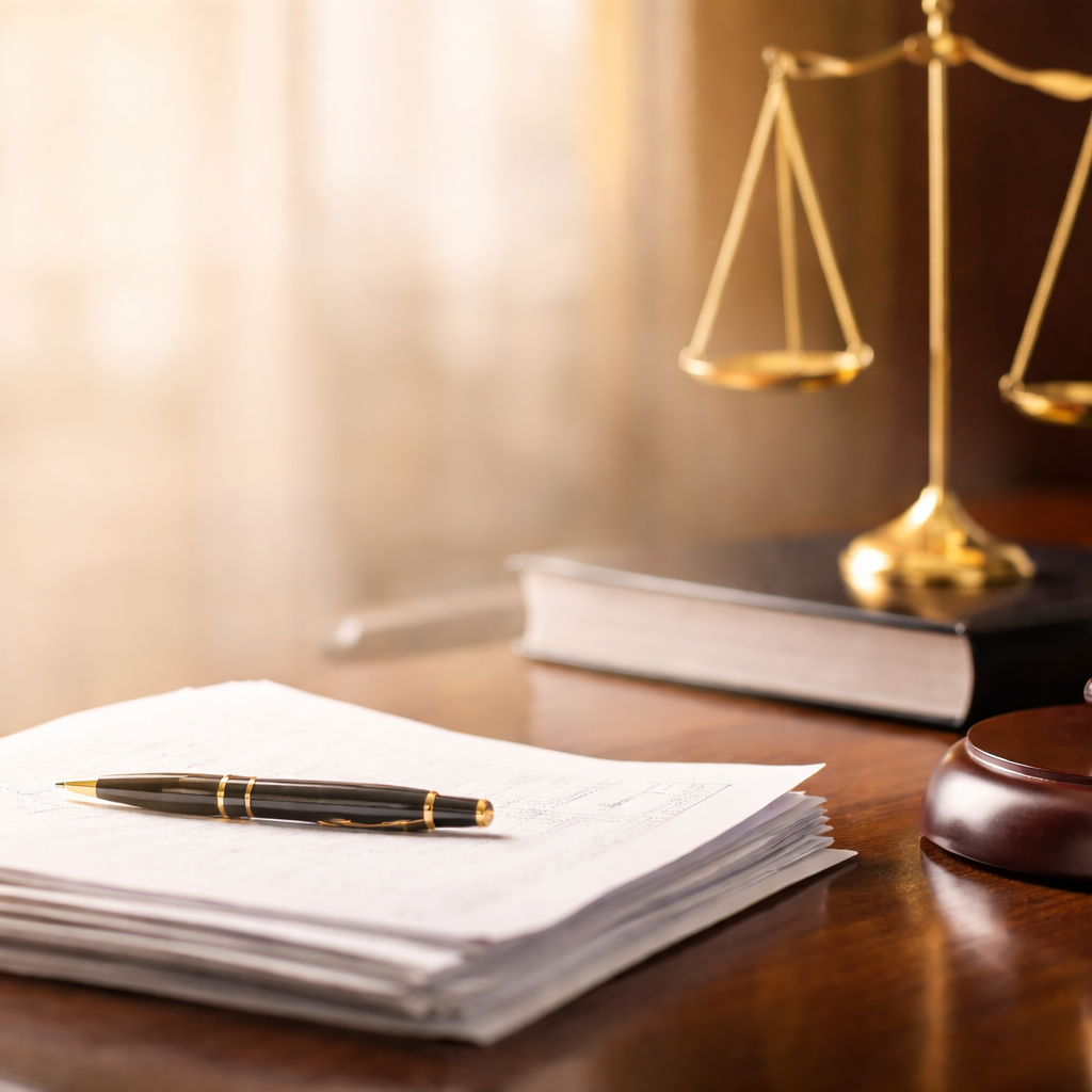 Legal office desk with a stack of documents, a black and gold pen, a legal book, a brass scale of justice, and a wooden gavel.