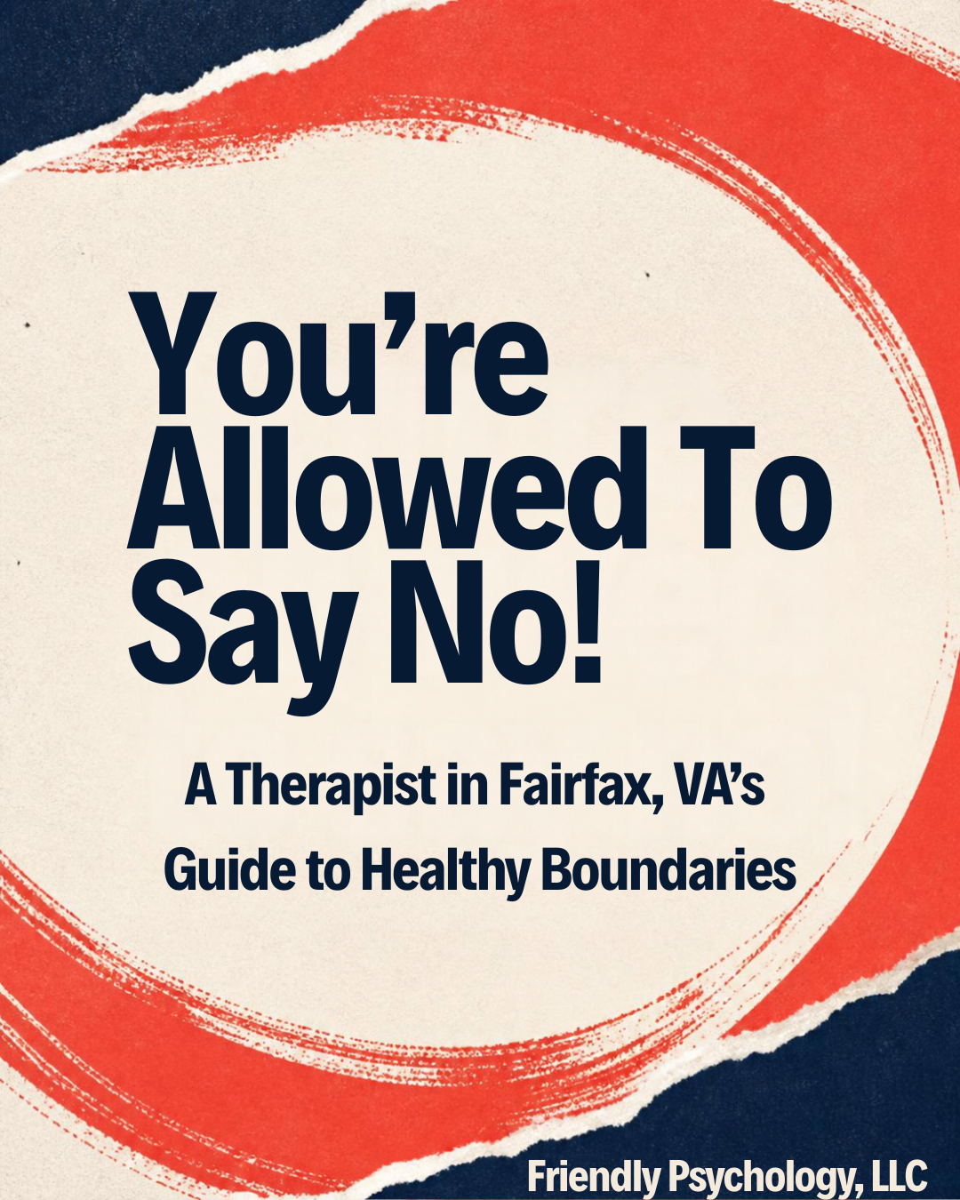 Bold text reading "You're Allowed to Say No!" on a cream background with a graphic red and navy swirl.