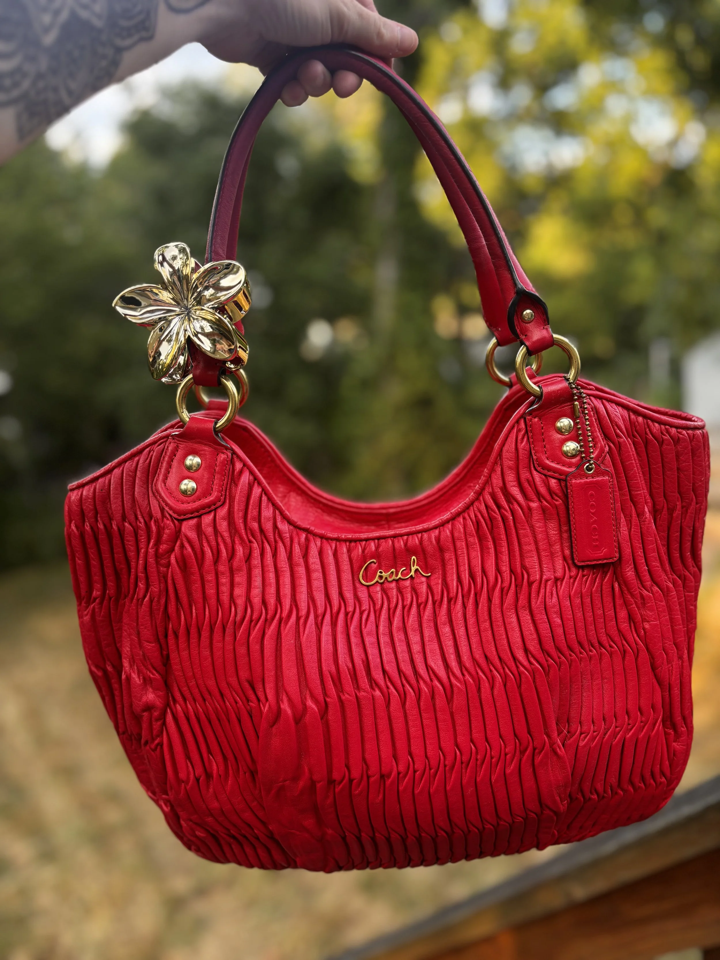 Raspberry Gathered Leather Coach - Perf. Condition!