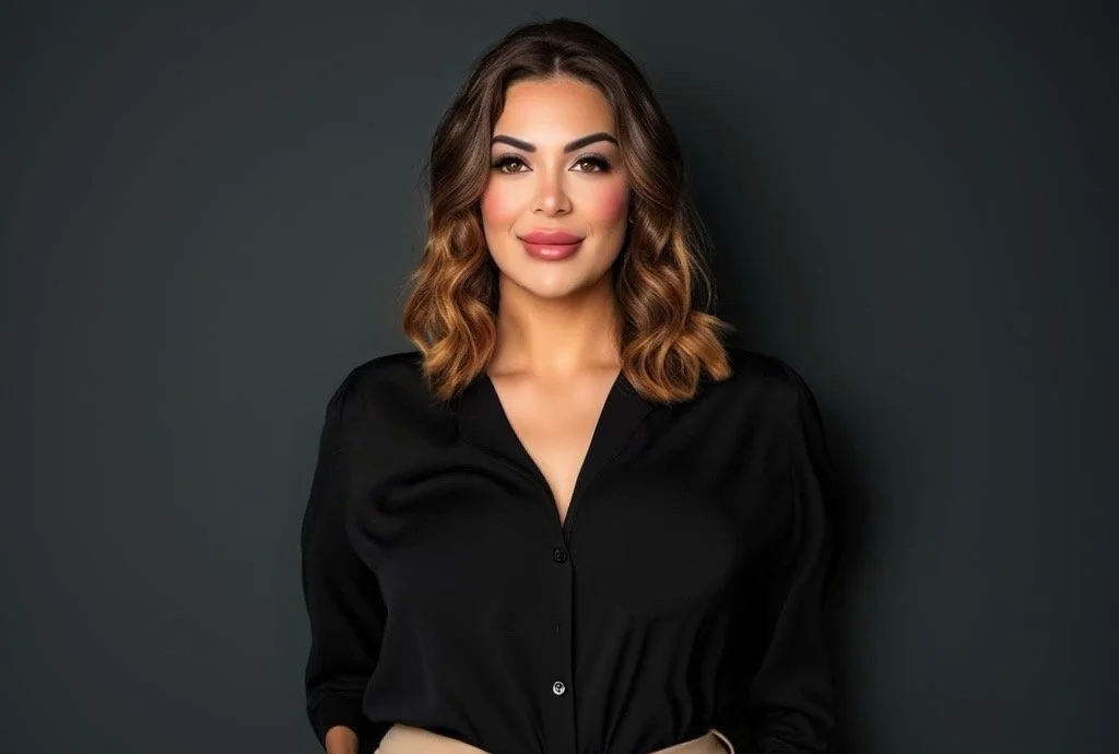 A woman with shoulder-length wavy brown hair, wearing a black button-up shirt, standing against a dark gray background.
