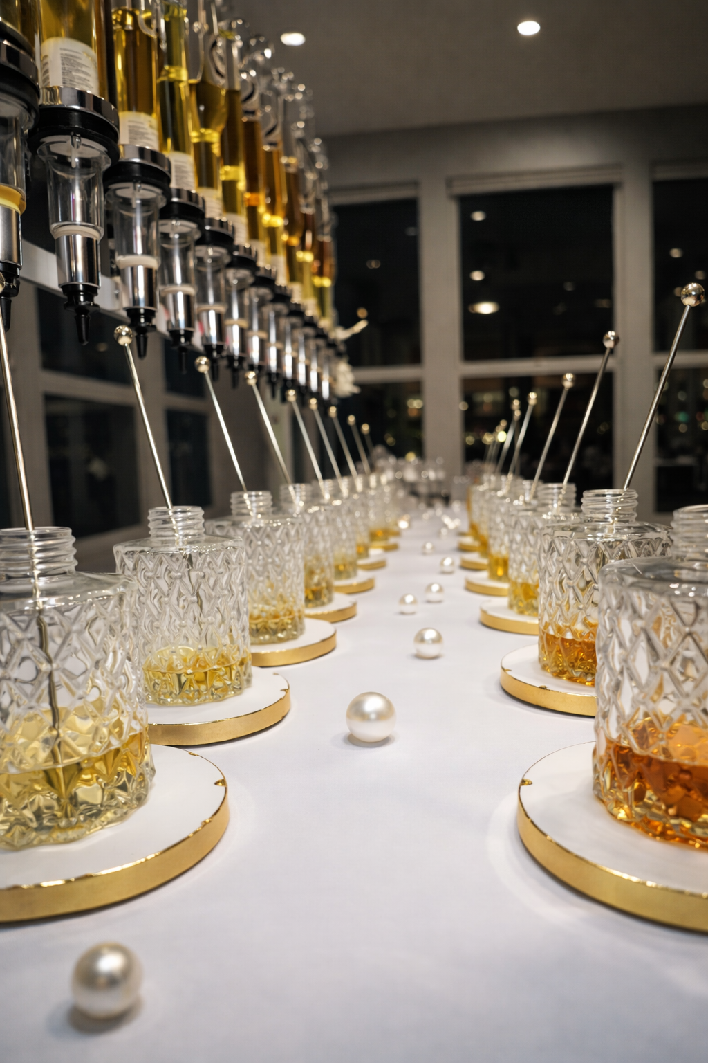A row of glass bottles with liquor and a diamond pattern, with straws inside, on a white table with gold accents, in a modern room. Gold bottles with alcohol are hanging above, and round white pearls are scattered on the table, lit with warm lighting.