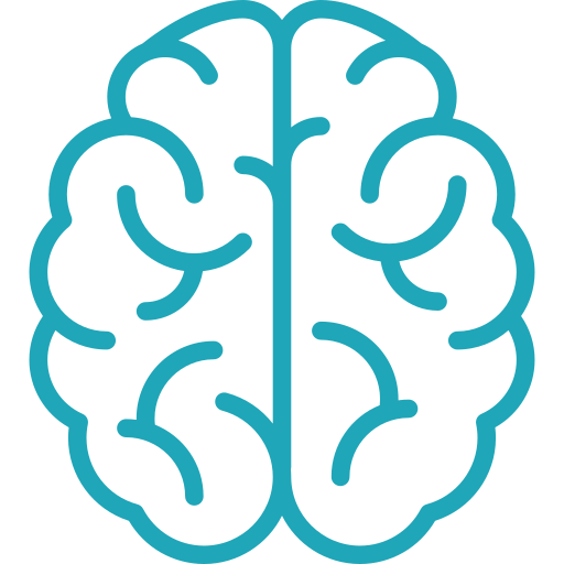 Outlined graphic of a human brain in blue