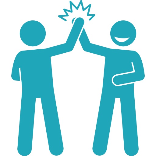 Two stick figures high-fiving with an exclamation mark above their hands, indicating celebration or achievement.