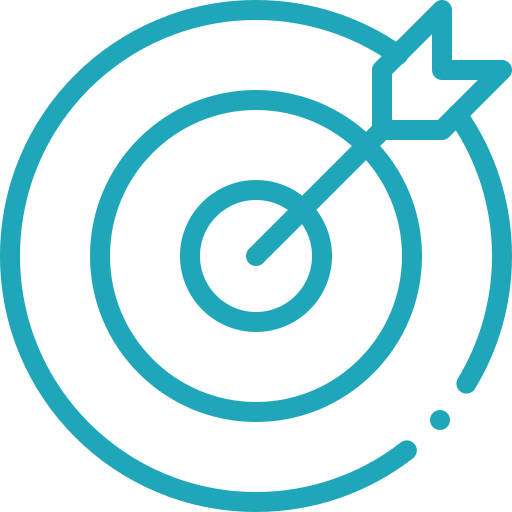 Outline of a target with an arrow hitting the bullseye.