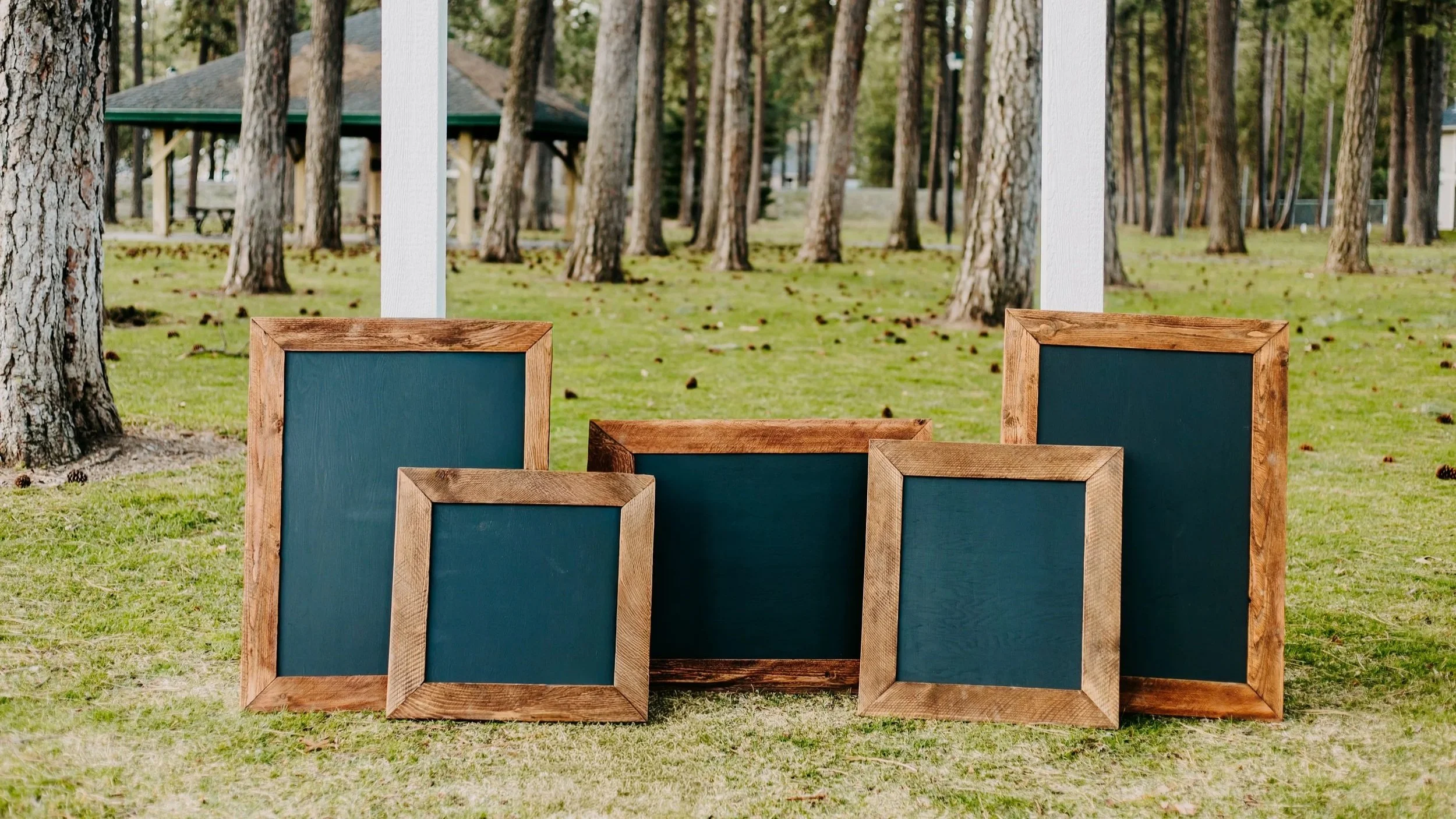Five wooden-framed chalkboards with blue writing surfaces arranged outdoors on grass, with trees and a pavilion in the background.