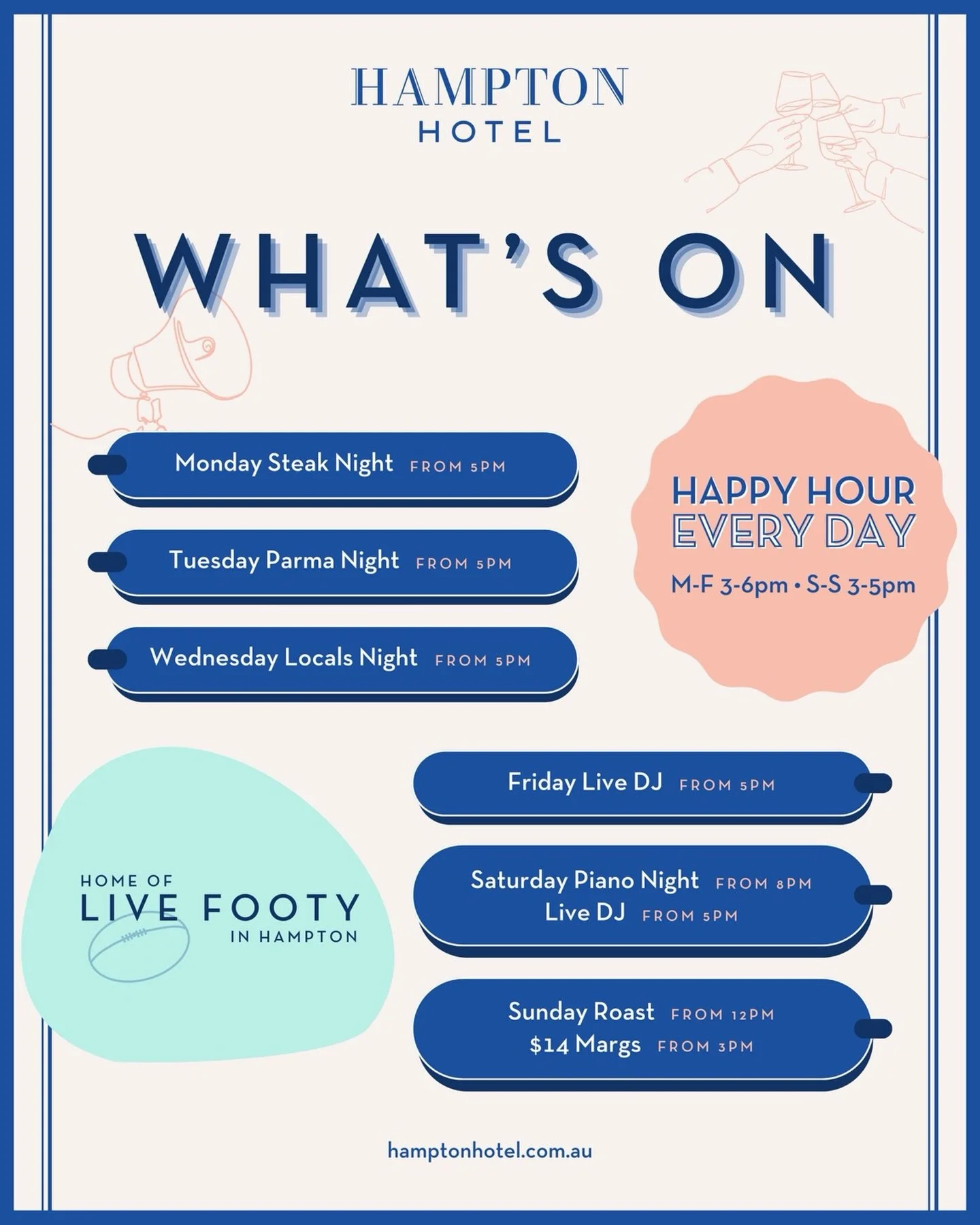 At Hampton Hotel, we&rsquo;ve got the lot, with specials every day of the week!

🍷 Happy Hour: Monday-Friday 3-6pm and Saturday-Sunday 3-5pm
Wines, schooners and spirits from $8, plus $14 spritzes

🥩 Monday from 5pm: $25 250g porterhouse steak with