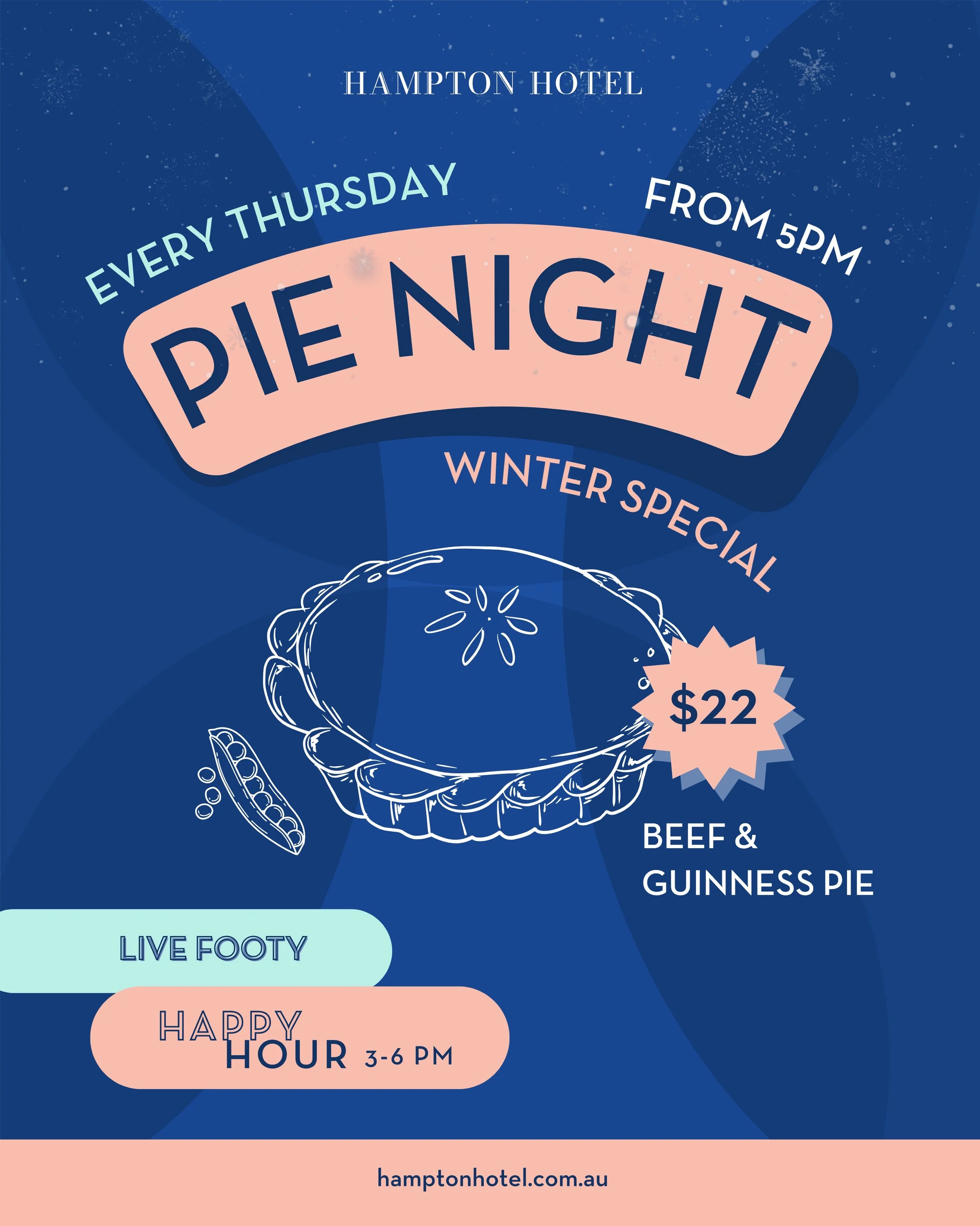 Coming soon to Hampton Hotel: Thursday Pie Night.

From 21 May we&rsquo;re serving up our Beef &amp; Guinness Pie for $22, every Thursday from 5pm. Filled with slow-cooked beef ragu and wrapped in flaky golden pastry, then served with mashed potato, 